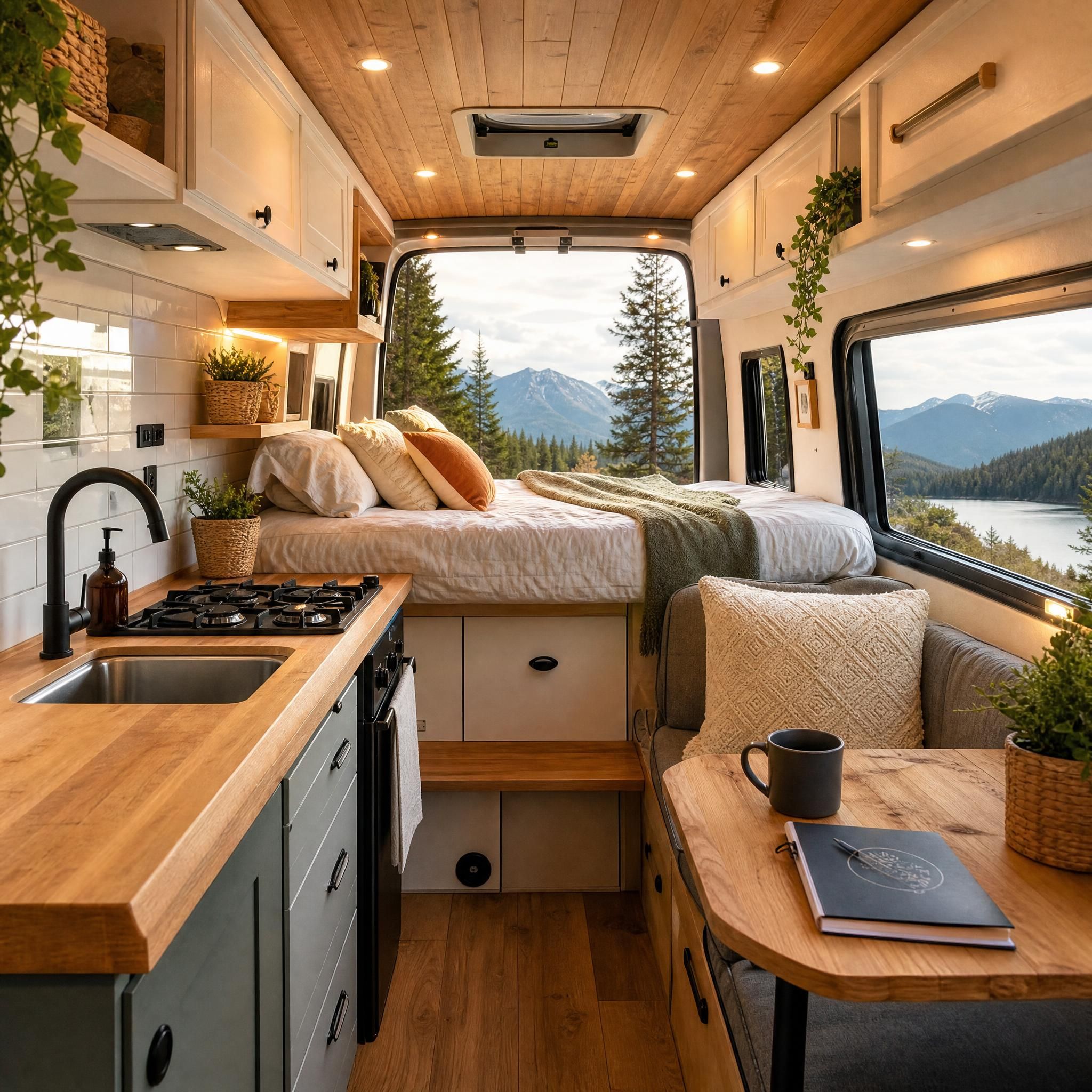 Intérieur d'un van aménagé cosy avec cuisine, couchage et grandes fenêtres panoramiques sur la nature