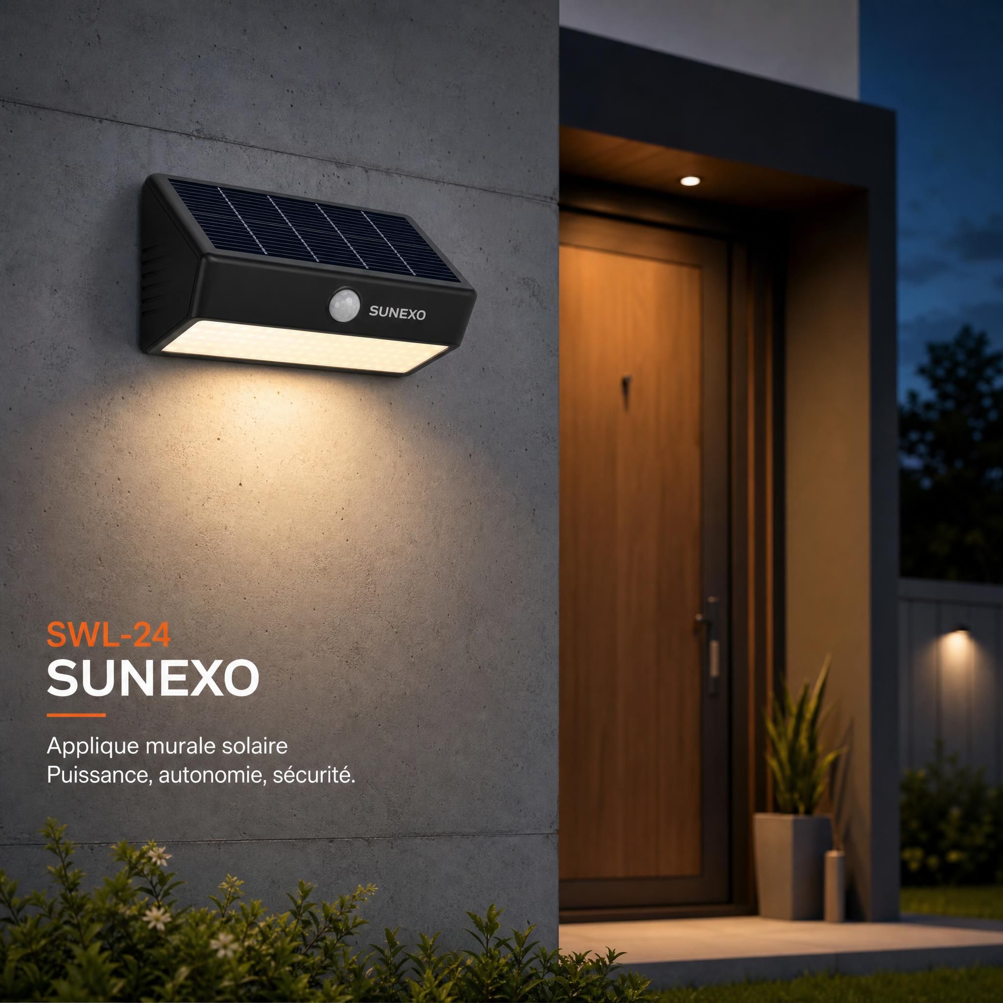 Applique murale solaire SWL-24 Sunexo installée sur un mur en béton, éclairage activé en soirée sur une entrée de maison