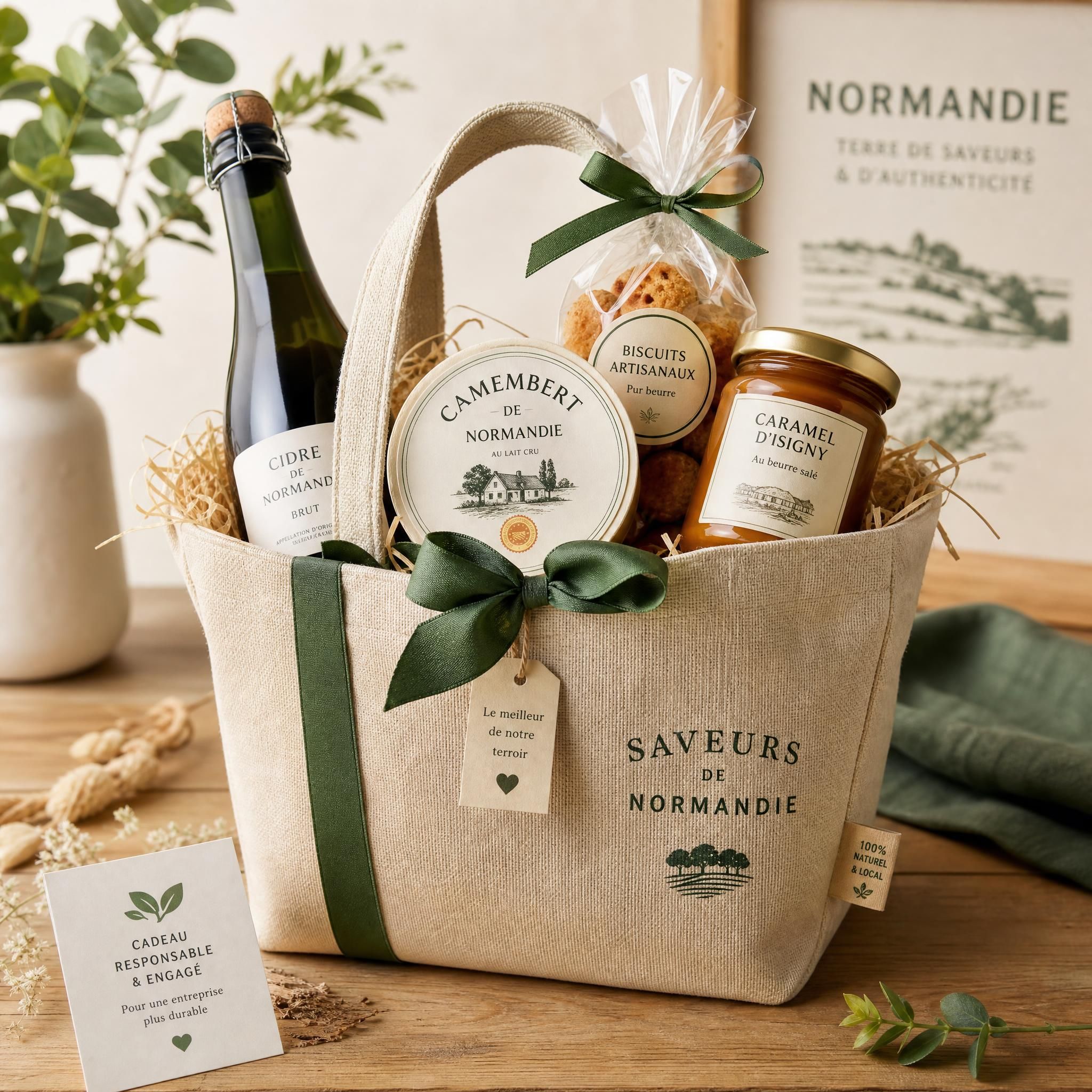 Panier garni normand composé de produits du terroir — cidre, camembert, caramel d'Isigny, biscuits artisanaux — présenté dans un sac textile avec ruban, idéal cadeau entreprise RSE Normandie