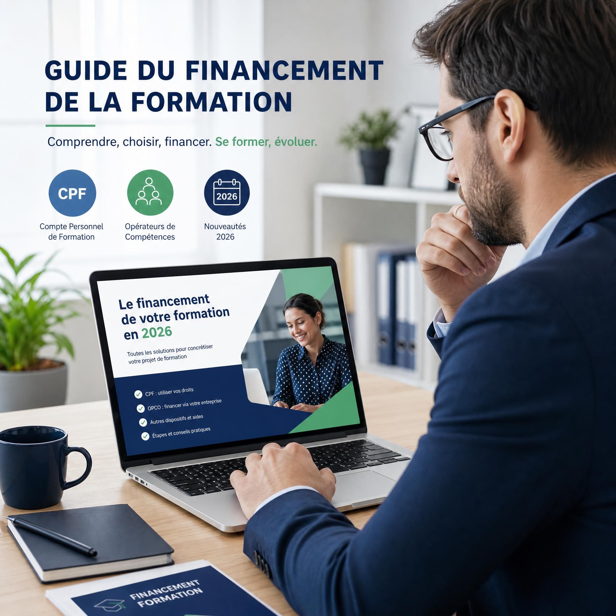 Professionnel consultant un guide de financement de formation sur ordinateur, bureautique, CPF OPCO 2026