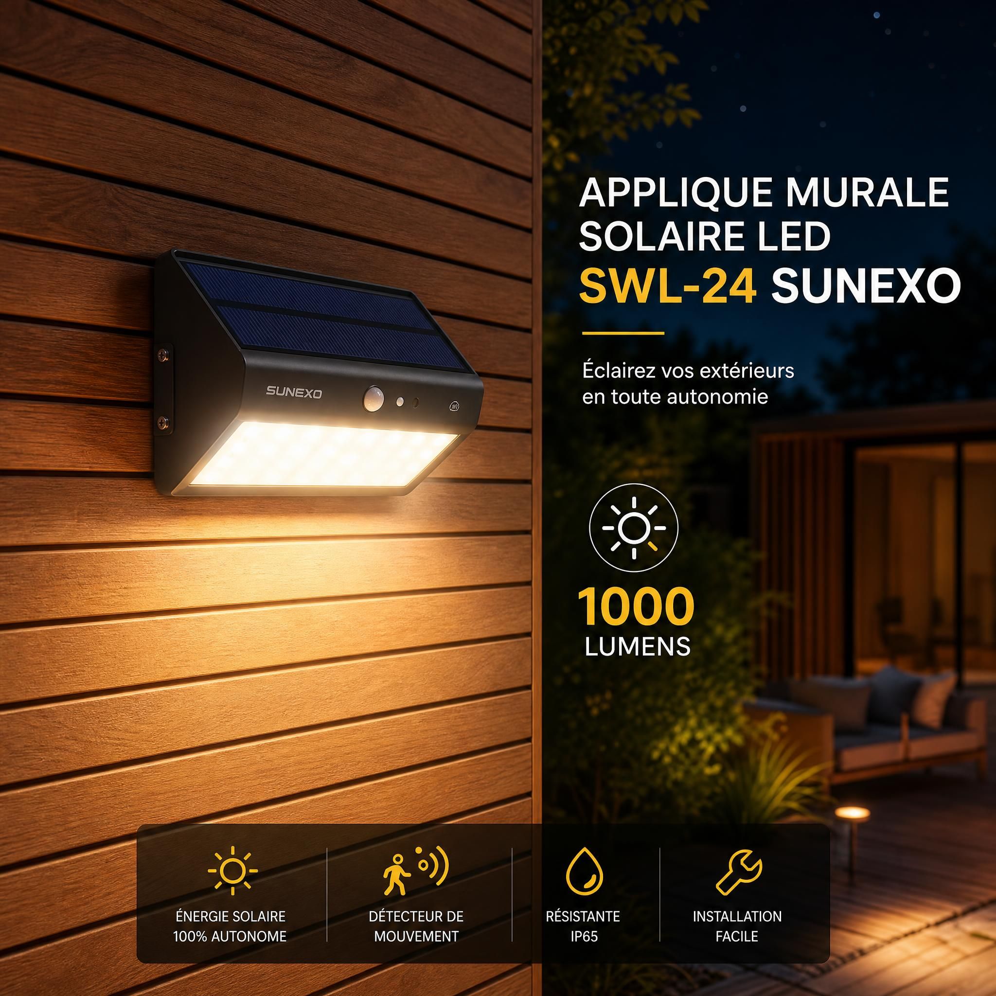 Applique murale solaire LED SWL-24 Sunexo installée sur un mur extérieur en bois, éclairage nocturne 1000 lumens