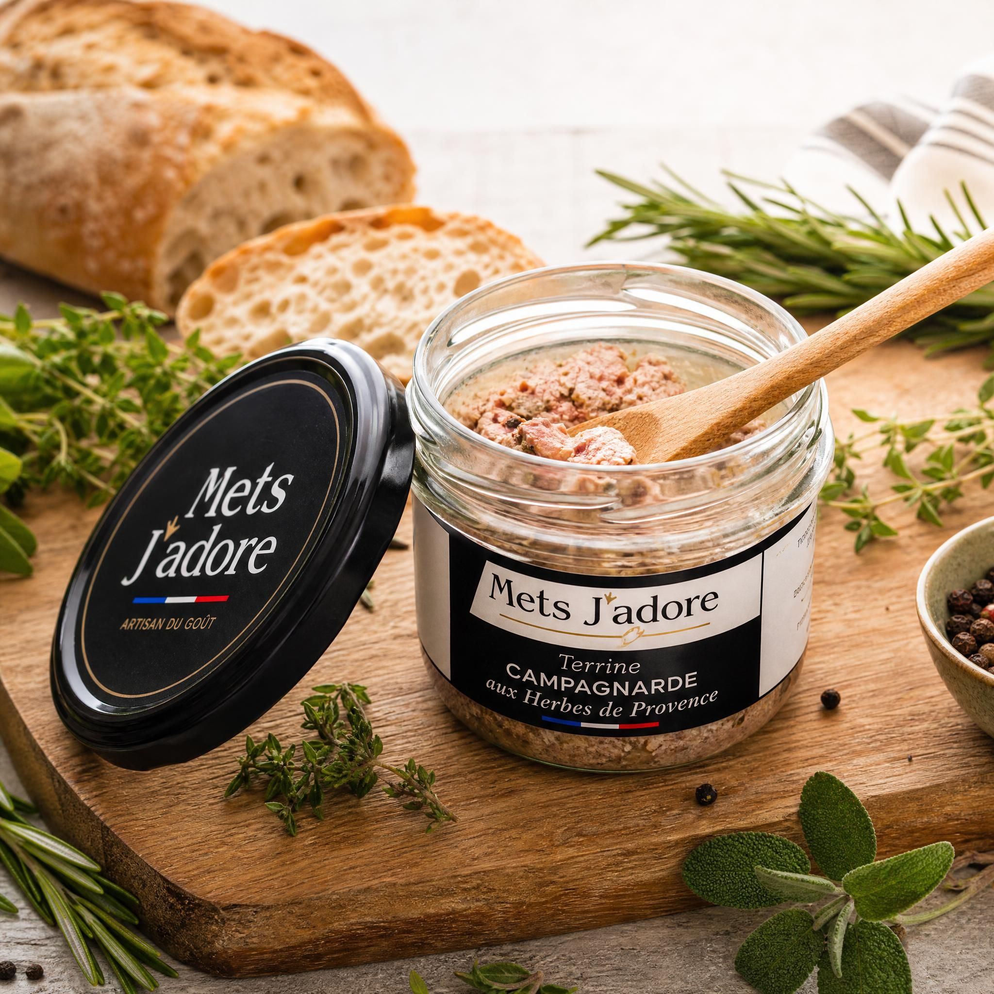 Bocal de terrine Mets J'adore ouvert avec une cuillère en bois, posé sur une planche à découper avec des herbes fraîches et du pain artisanal