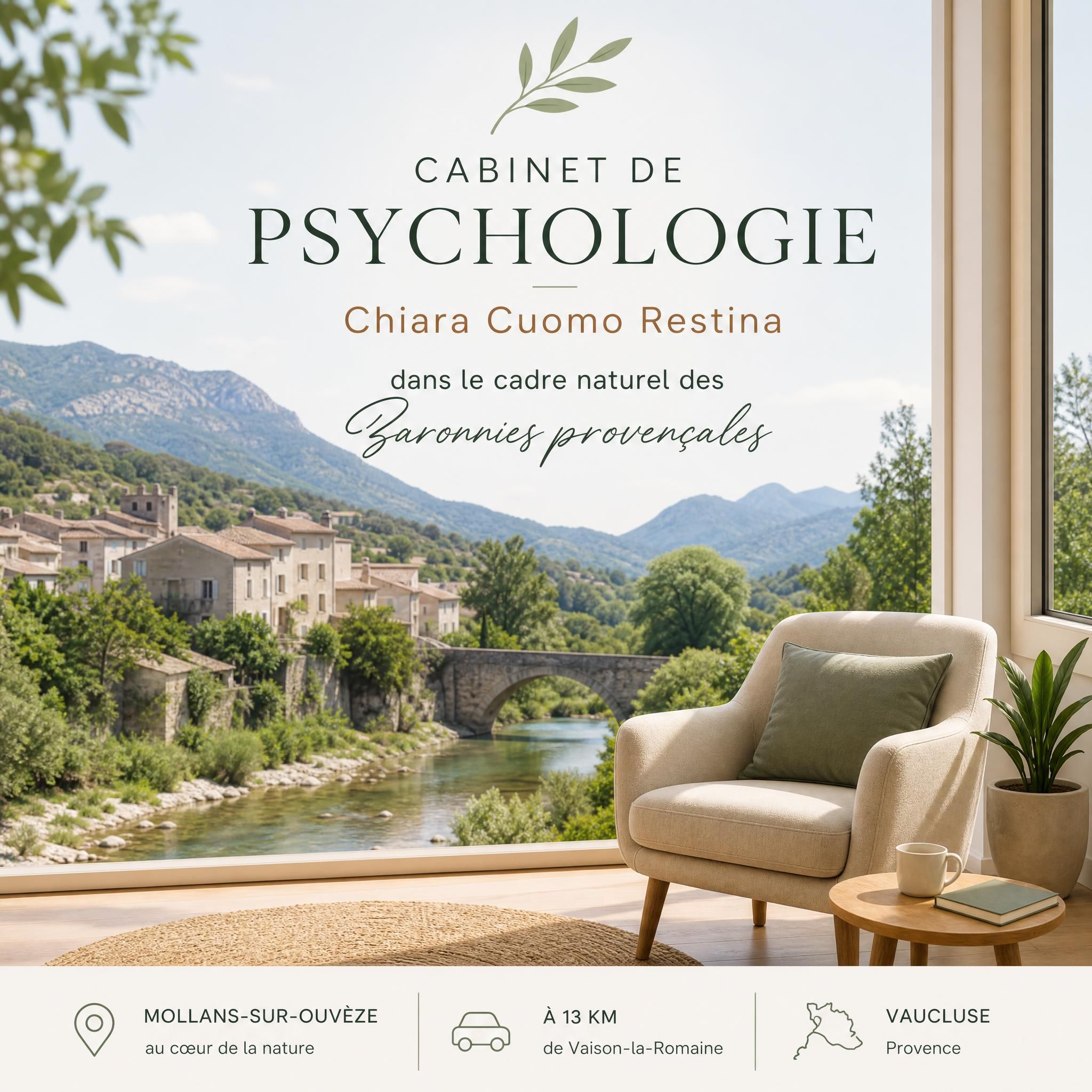 Cabinet de psychologie Chiara Cuomo Restina dans le cadre naturel des Baronnies provençales, Mollans-sur-Ouvèze, à 13 km de Vaison-la-Romaine, Vaucluse