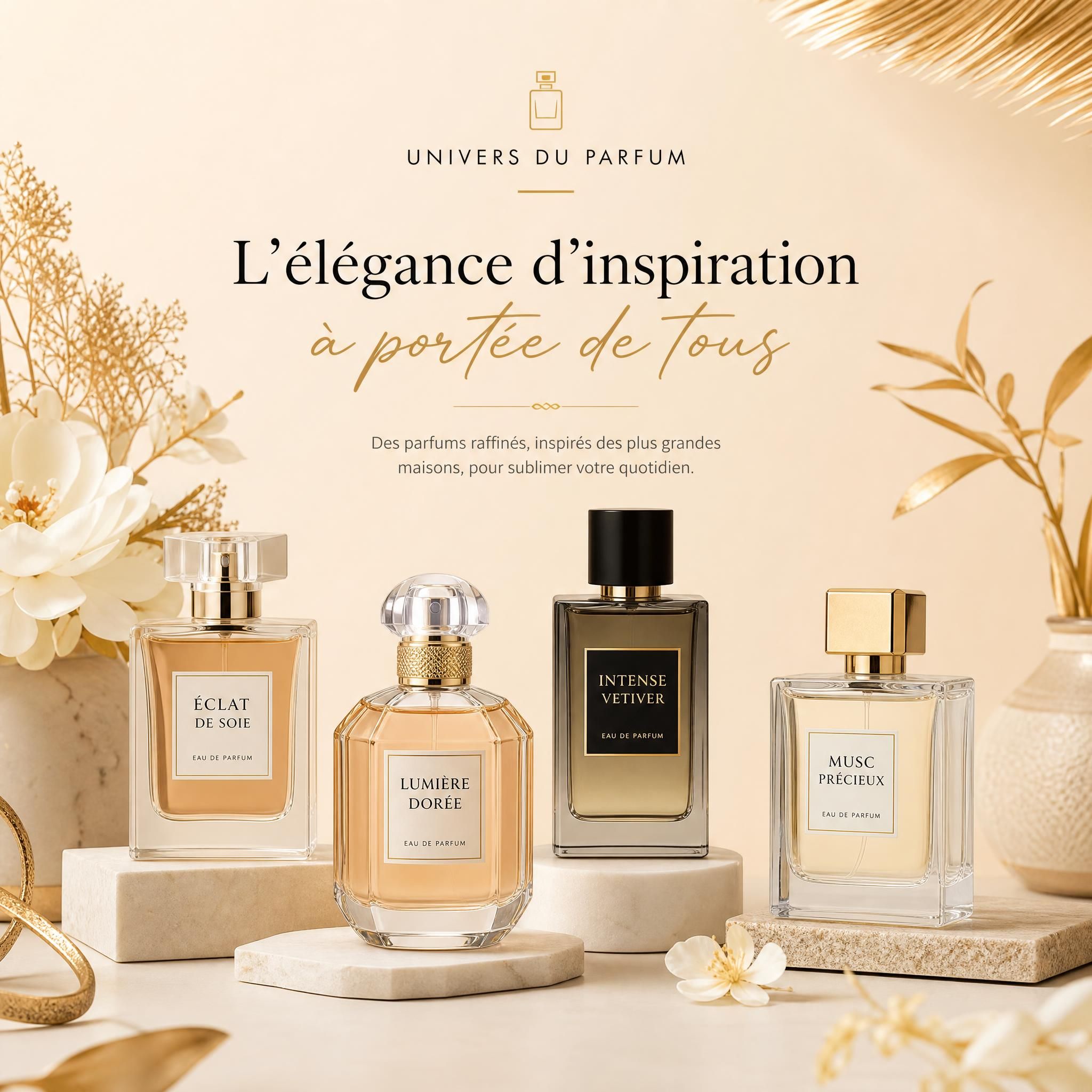 Flacons de parfums d'inspiration élégants sur fond beige vanille avec notes dorées, ambiance premium accessible Univers du Parfum