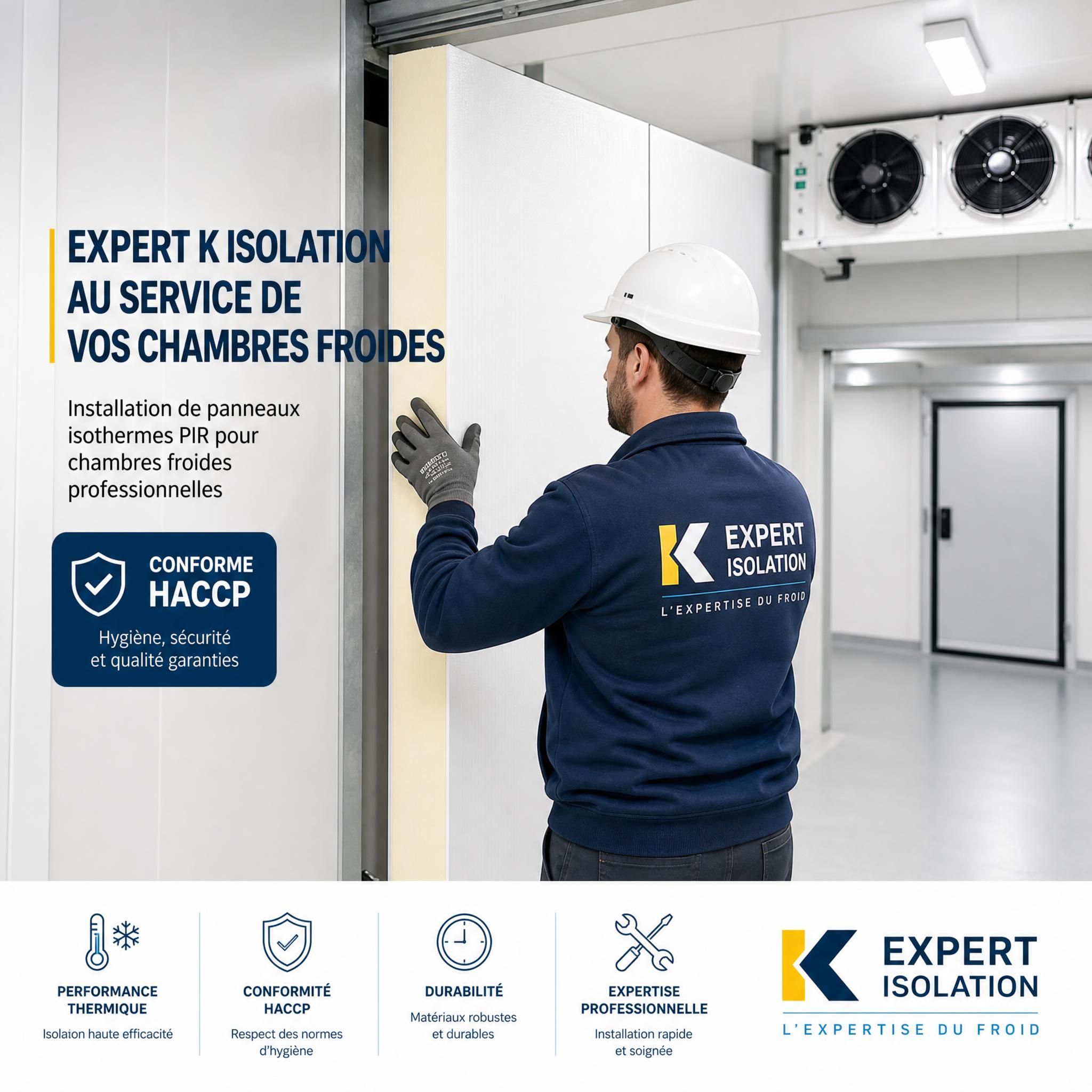 Technicien expert K Isolation posant des panneaux isothermes PIR lors de l'installation d'une chambre froide professionnelle conforme HACCP