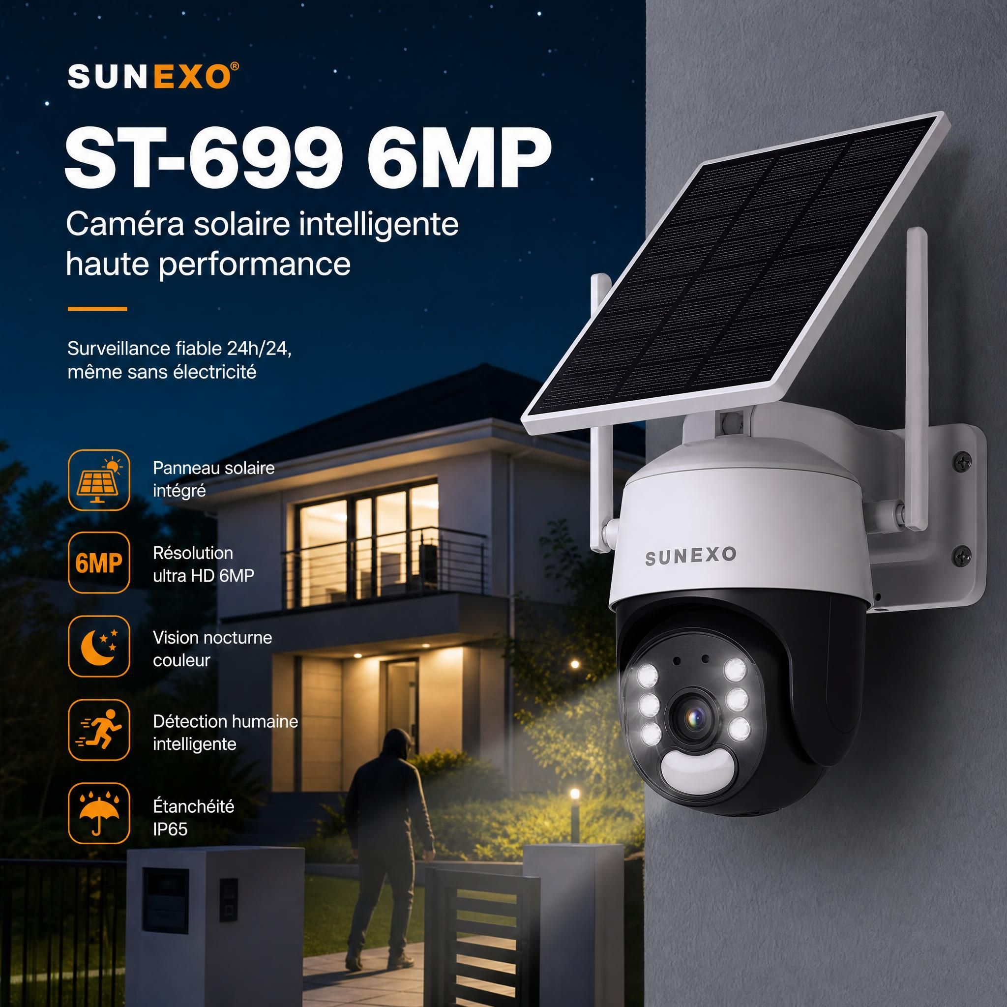 Caméra solaire Sunexo ST-699 6MP installée sur façade extérieure d'une maison individuelle française, avec panneau solaire intégré, vision nocturne activée