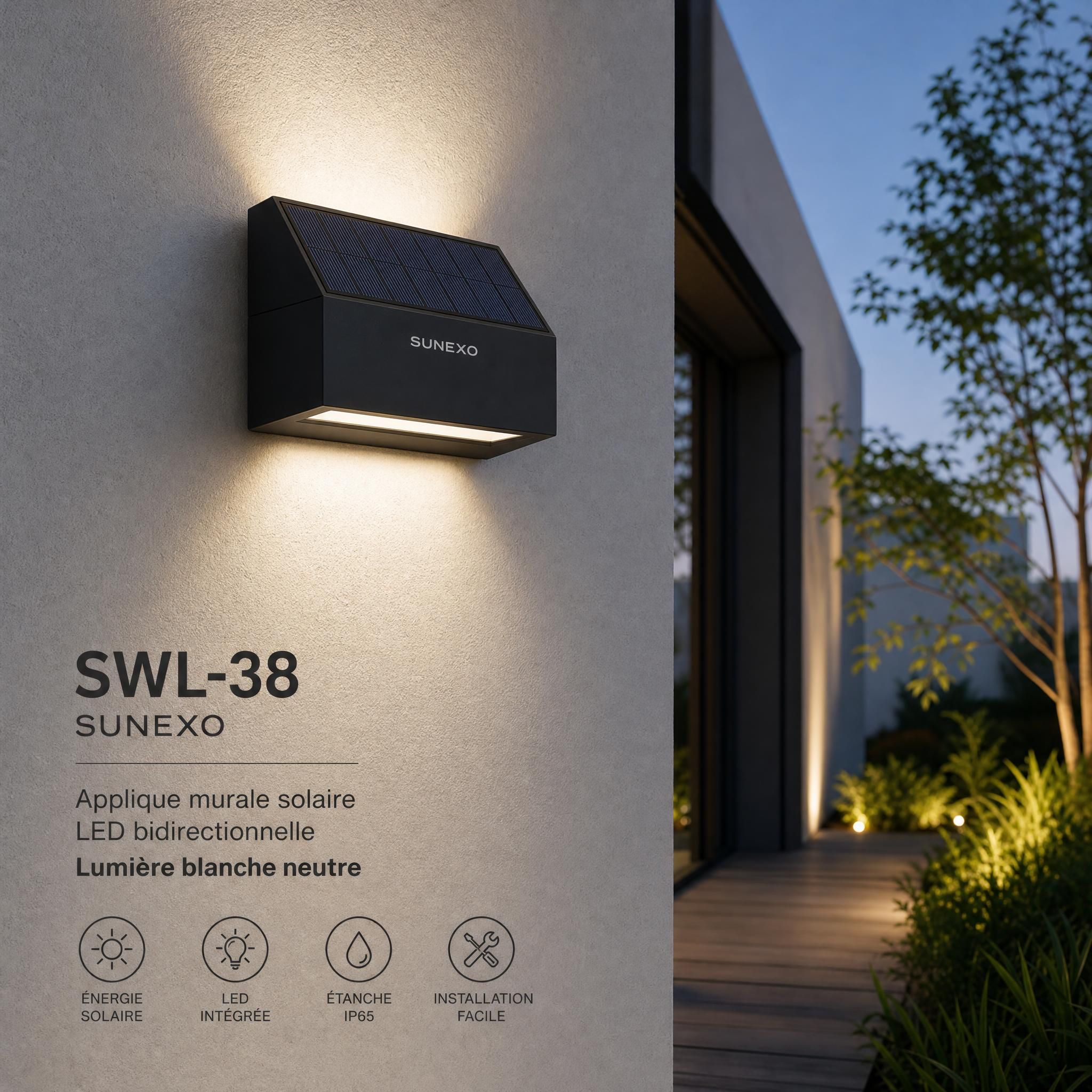 Applique murale solaire SWL-38 Sunexo installée sur façade extérieure, éclairage LED bidirectionnel blanc neutre