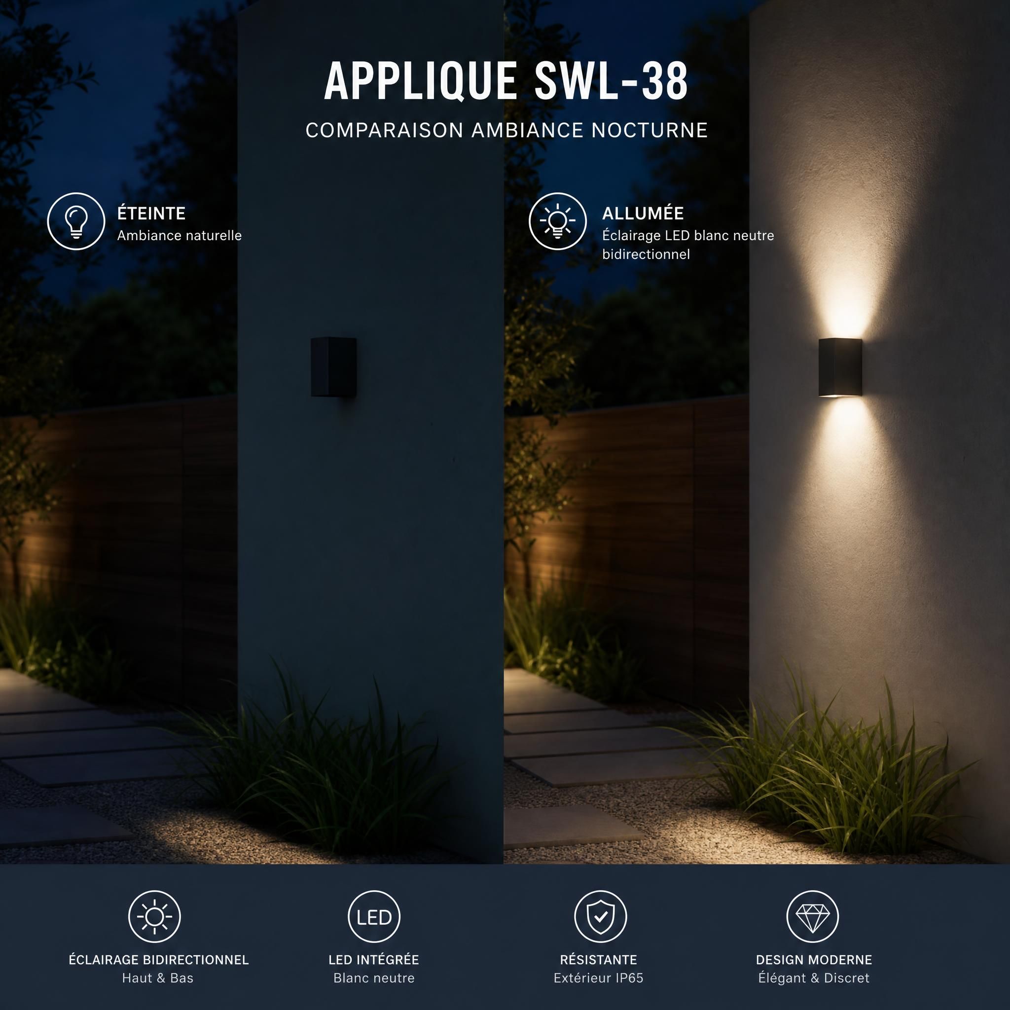 Comparaison ambiance nocturne applique SWL-38 allumée sur mur de jardin, éclairage LED blanc neutre bidirectionnel