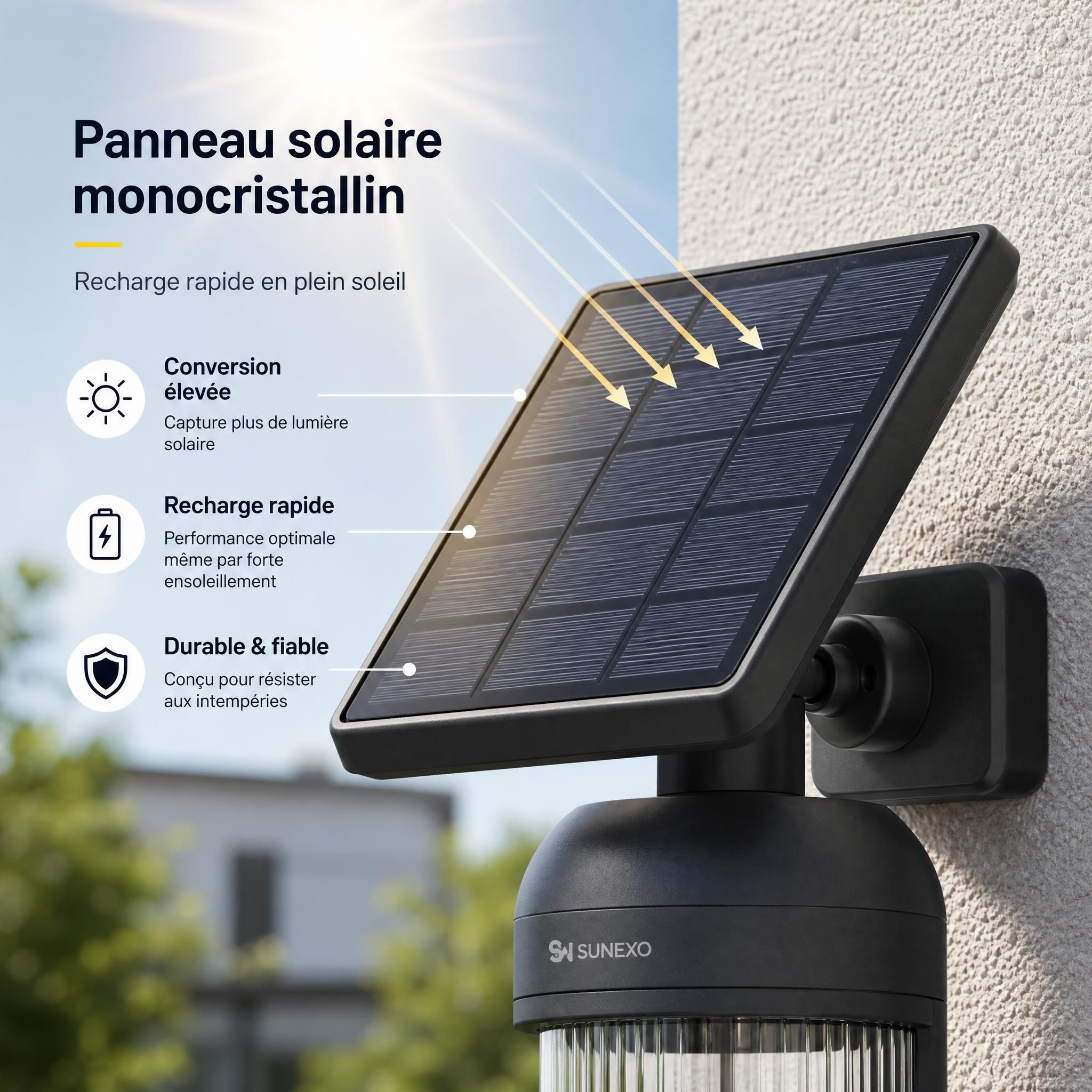 Détail du panneau solaire monocristallin de l'applique SWL-38 Sunexo, recharge en plein soleil sur mur extérieur
