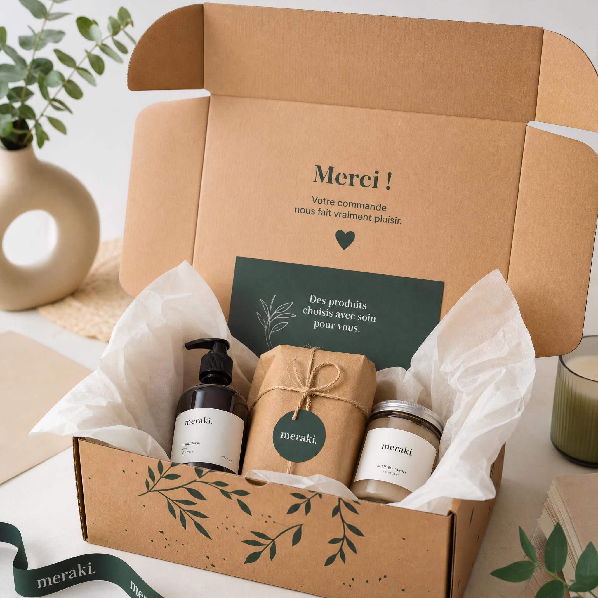 Expérience unboxing packaging personnalisé startup e-commerce - boîte ouverte avec papier de soie et produits soigneusement présentés
