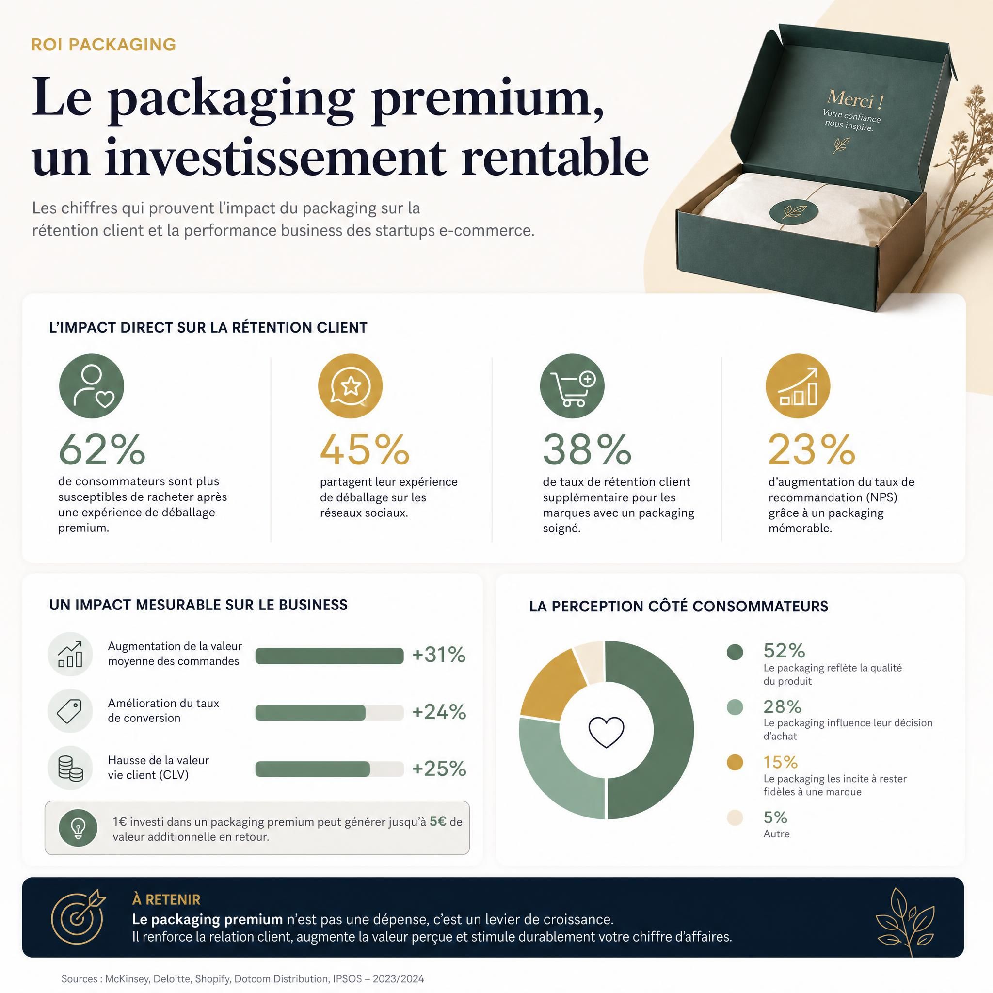 ROI packaging premium startups - infographie statistiques rétention client et impact business e-commerce