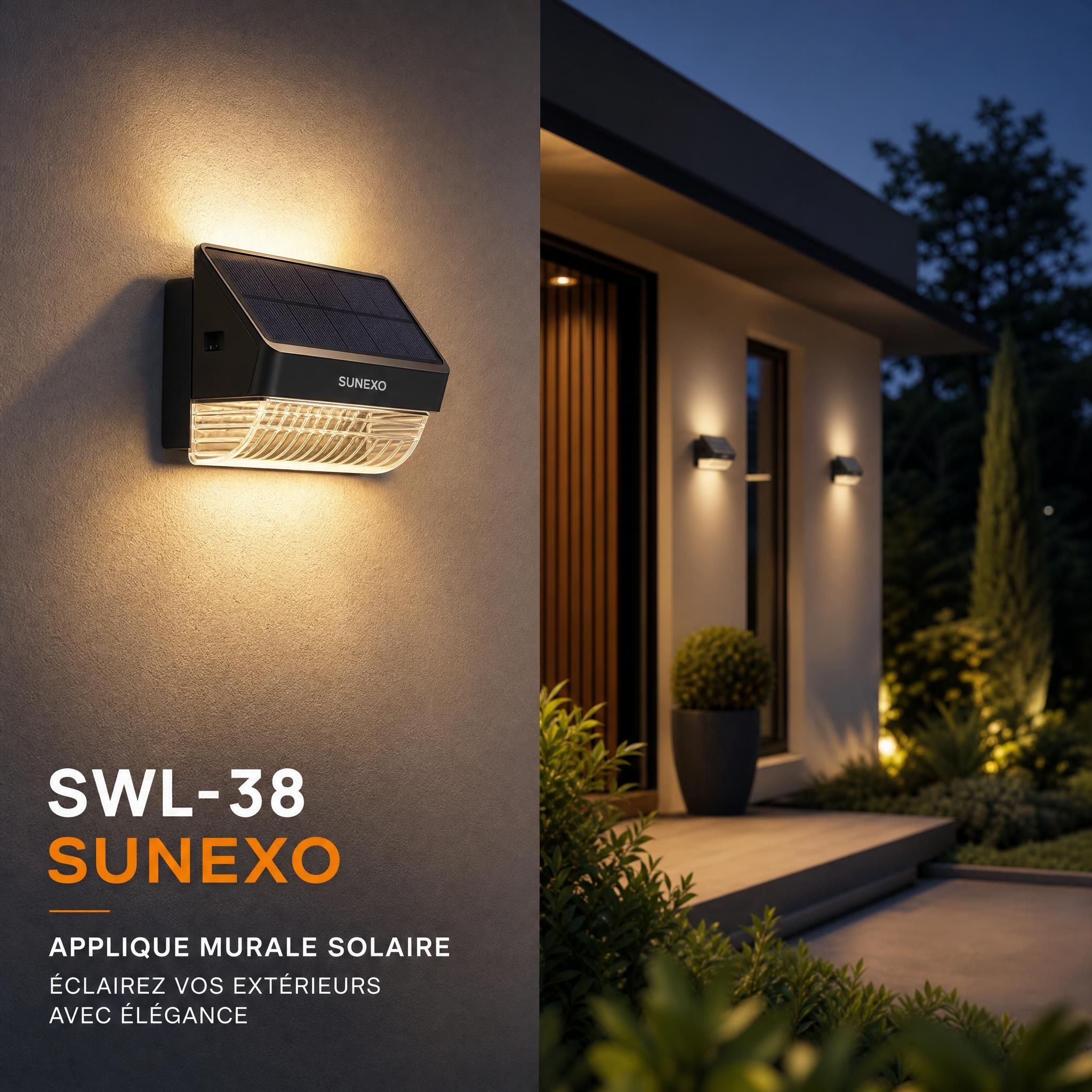 Applique murale solaire SWL-38 Sunexo installée sur façade de maison individuelle, éclairage nocturne ambiance premium