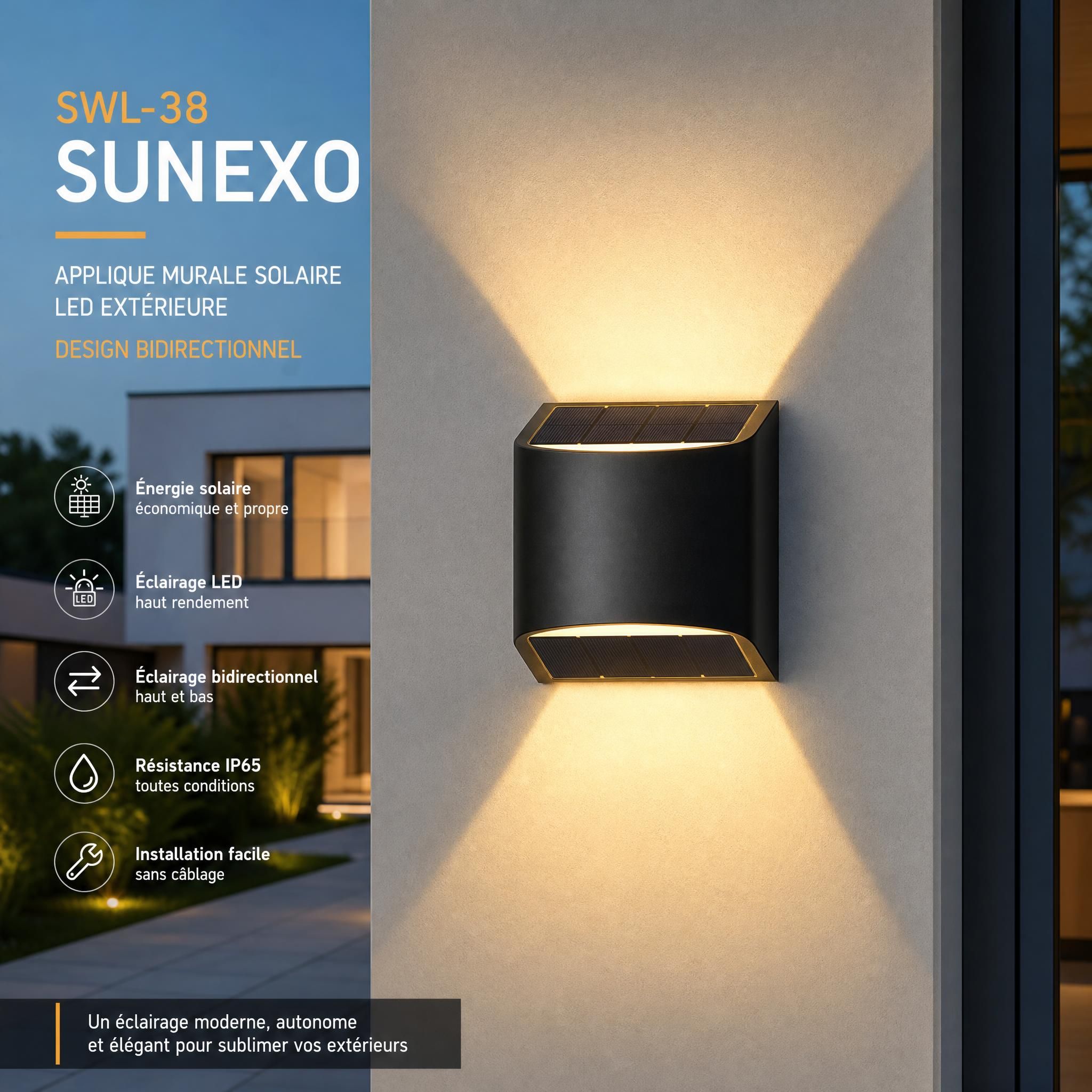 Applique murale solaire SWL-38 Sunexo – design bidirectionnel LED extérieur, vue de face sur fond de façade moderne