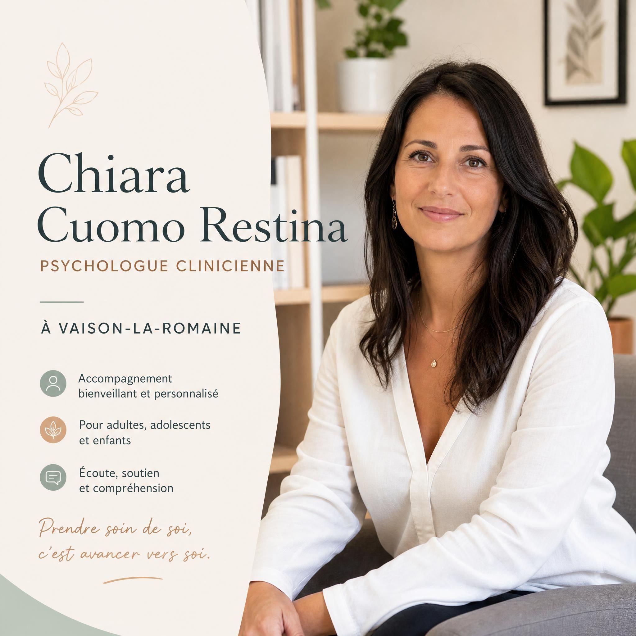 Chiara Cuomo Restina, psychologue clinicienne à Vaison-la-Romaine, portrait professionnel chaleureux