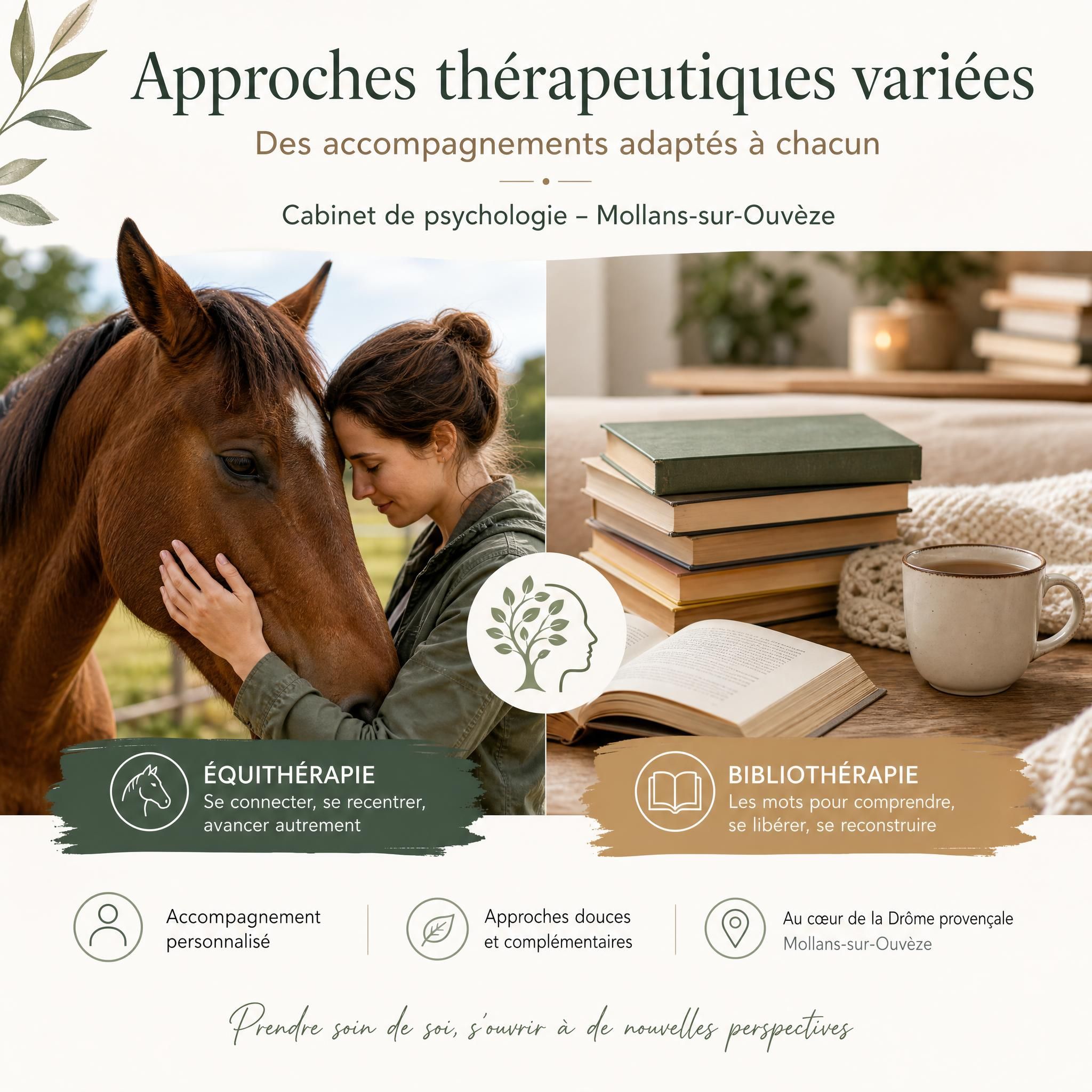 Approches thérapeutiques variées - équithérapie avec chevaux et bibliothérapie avec livres, cabinet psychologie Mollans-sur-Ouvèze