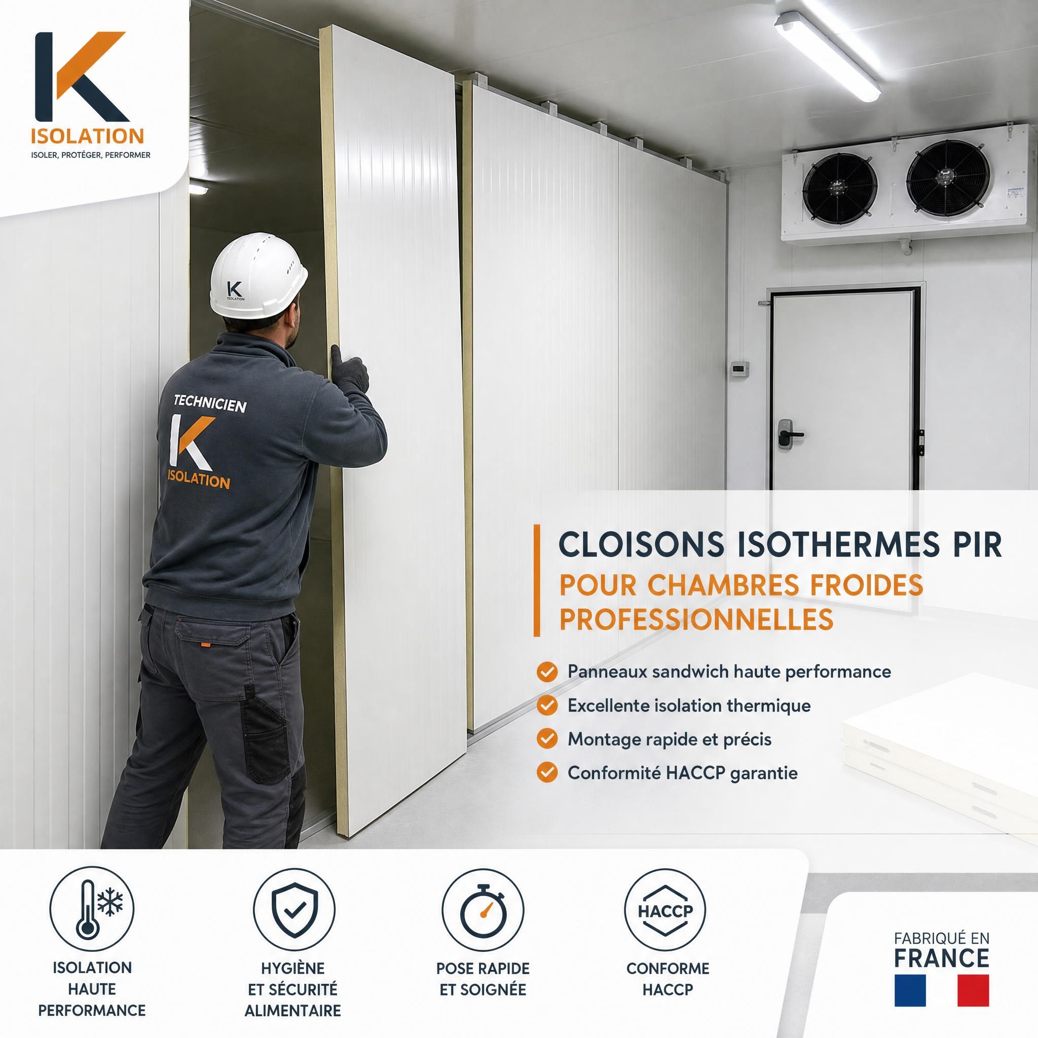 Technicien K Isolation posant des cloisons isothermes PIR dans une chambre froide professionnelle conforme HACCP, avec panneaux sandwich haute performance, en France