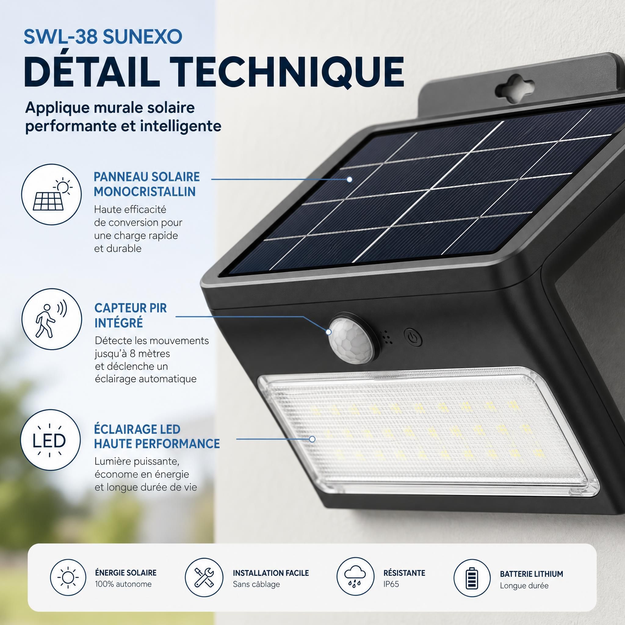 Détail technique de l'applique murale solaire SWL-38 Sunexo – panneau monocristallin et capteur PIR intégré, gros plan