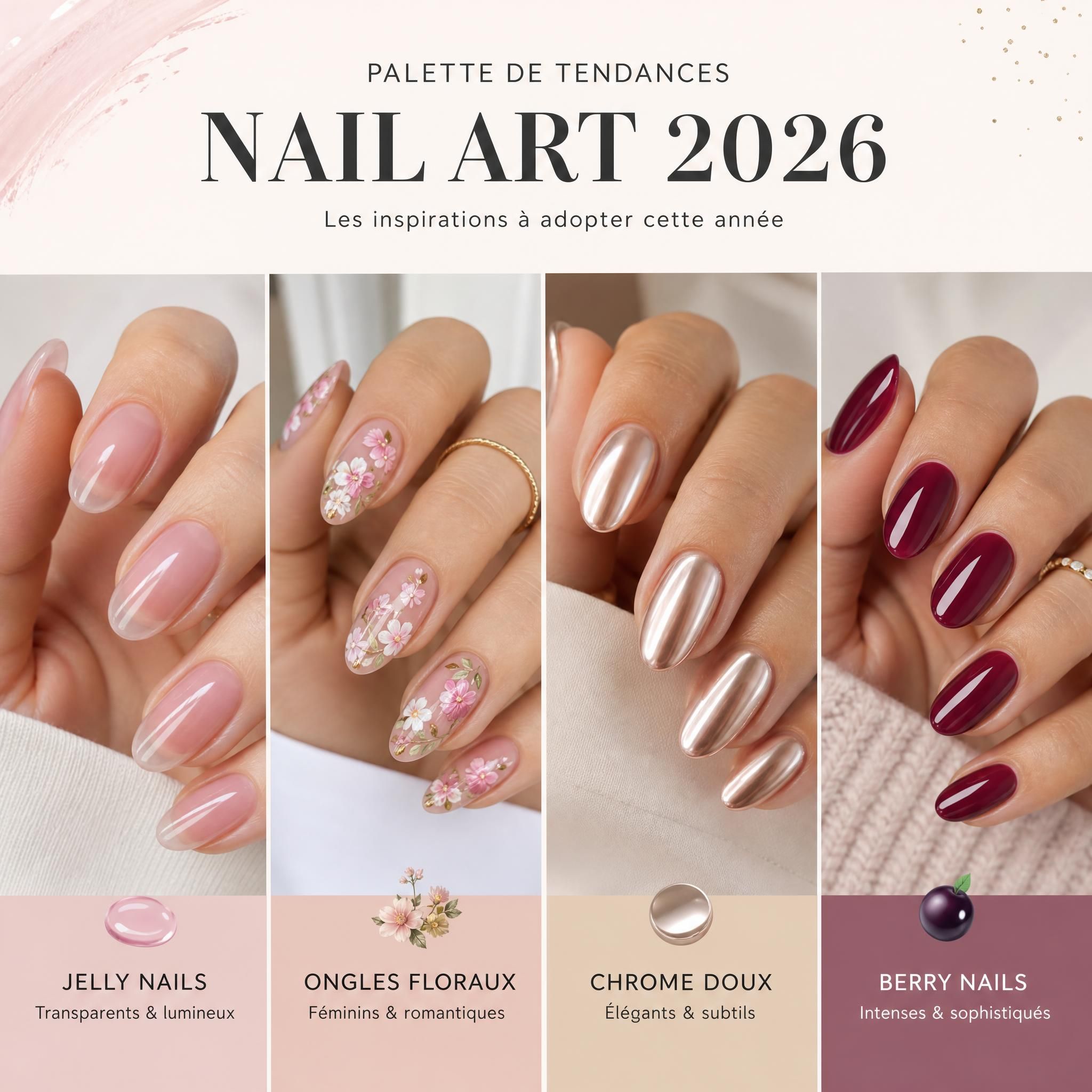 Palette de tendances nail art 2026 - jelly nails transparents, ongles floraux, chrome doux et berry nails sur mains soignées