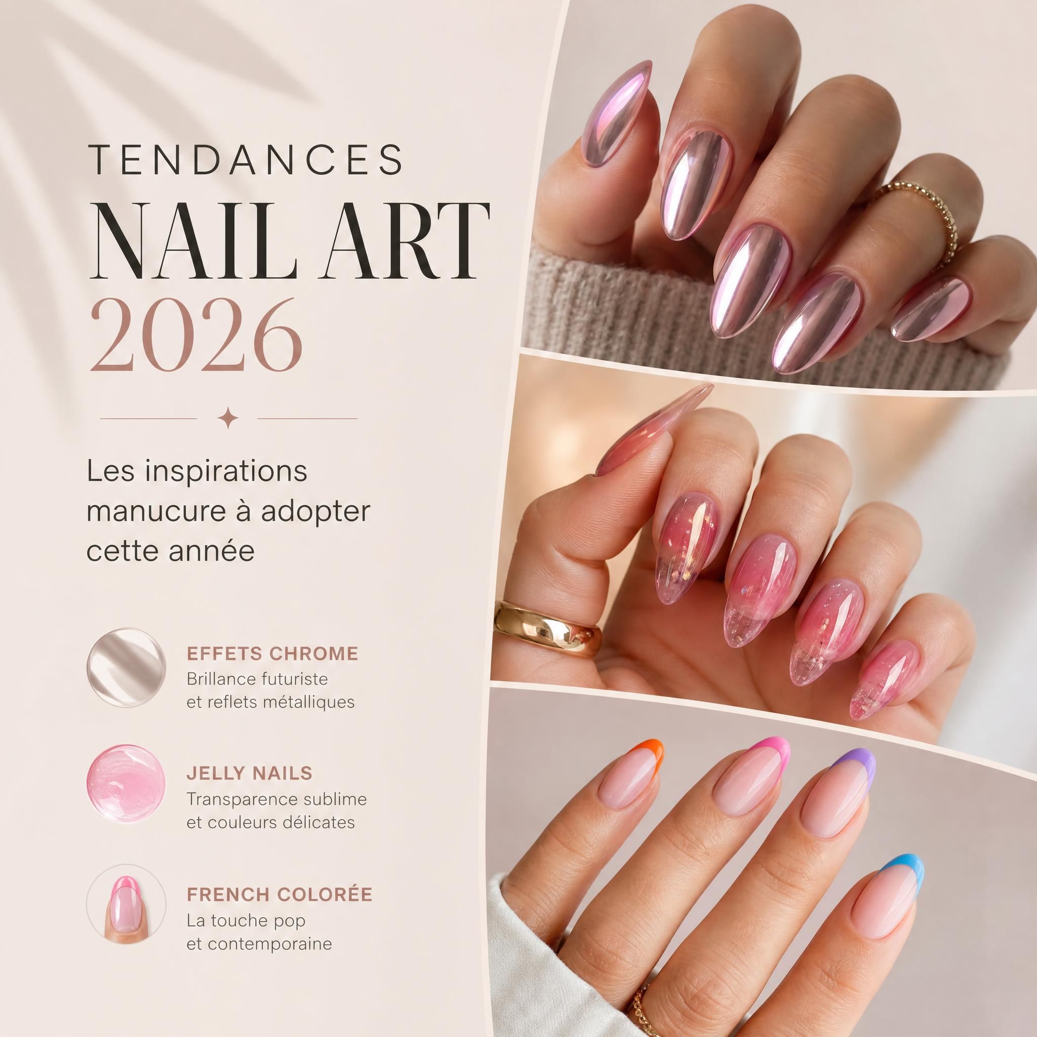 Tendances nail art 2026 - collection de manucures professionnelles avec effets chrome, jelly nails et french colorée sur fond élégant