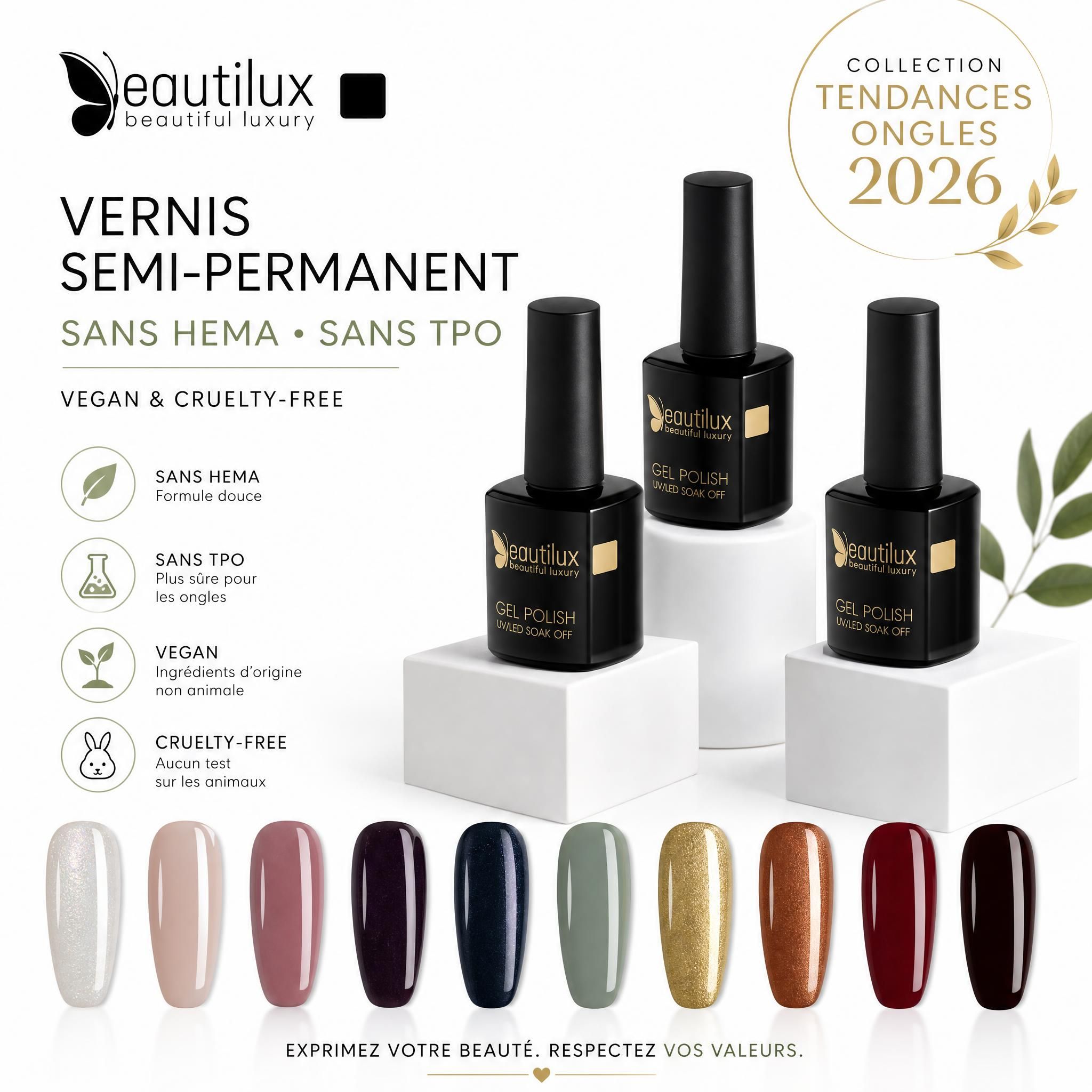 Produits Beautilux vernis semi-permanent sans HEMA sans TPO vegan cruelty-free - collection tendances ongles 2026 sur fond blanc épuré