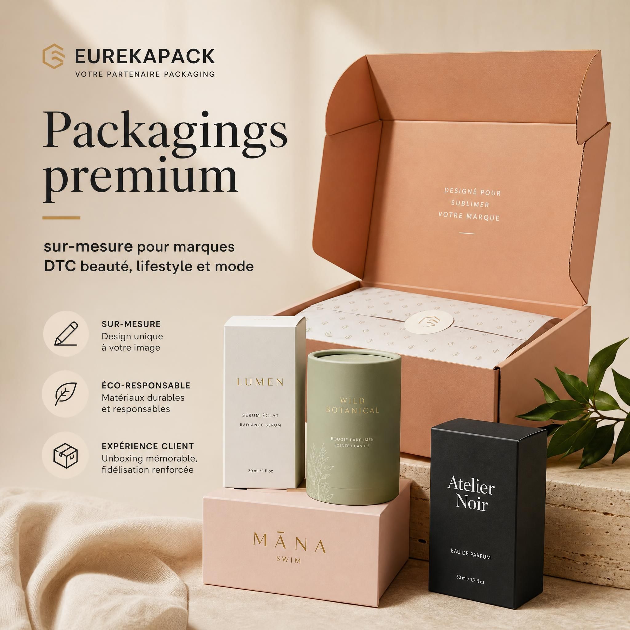 Packagings premium e-commerce sur-mesure pour marques DTC beauté lifestyle et mode – Eurekapack partenaire packaging