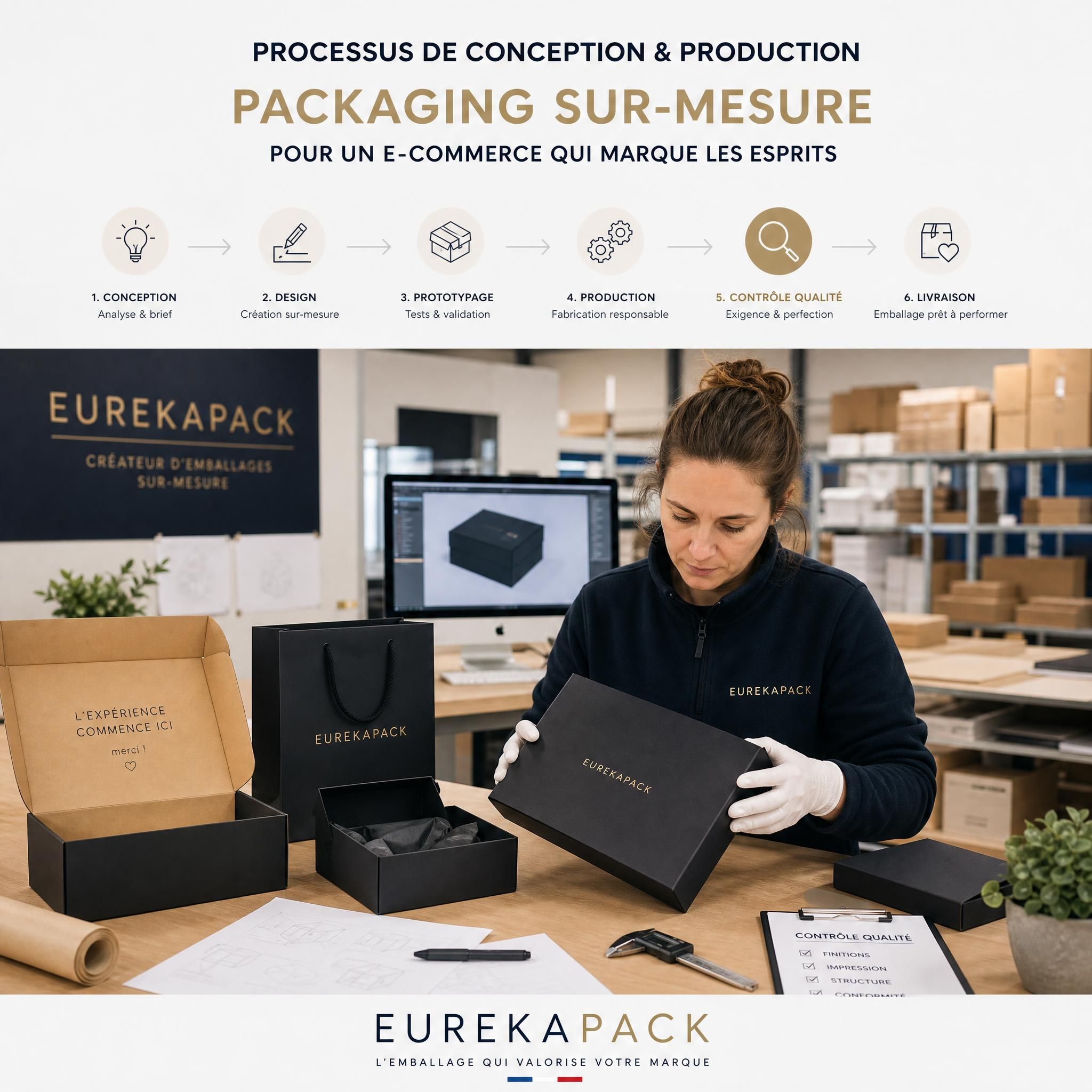 Processus de conception et production packaging sur-mesure e-commerce Eurekapack – atelier contrôle qualité emballage premium