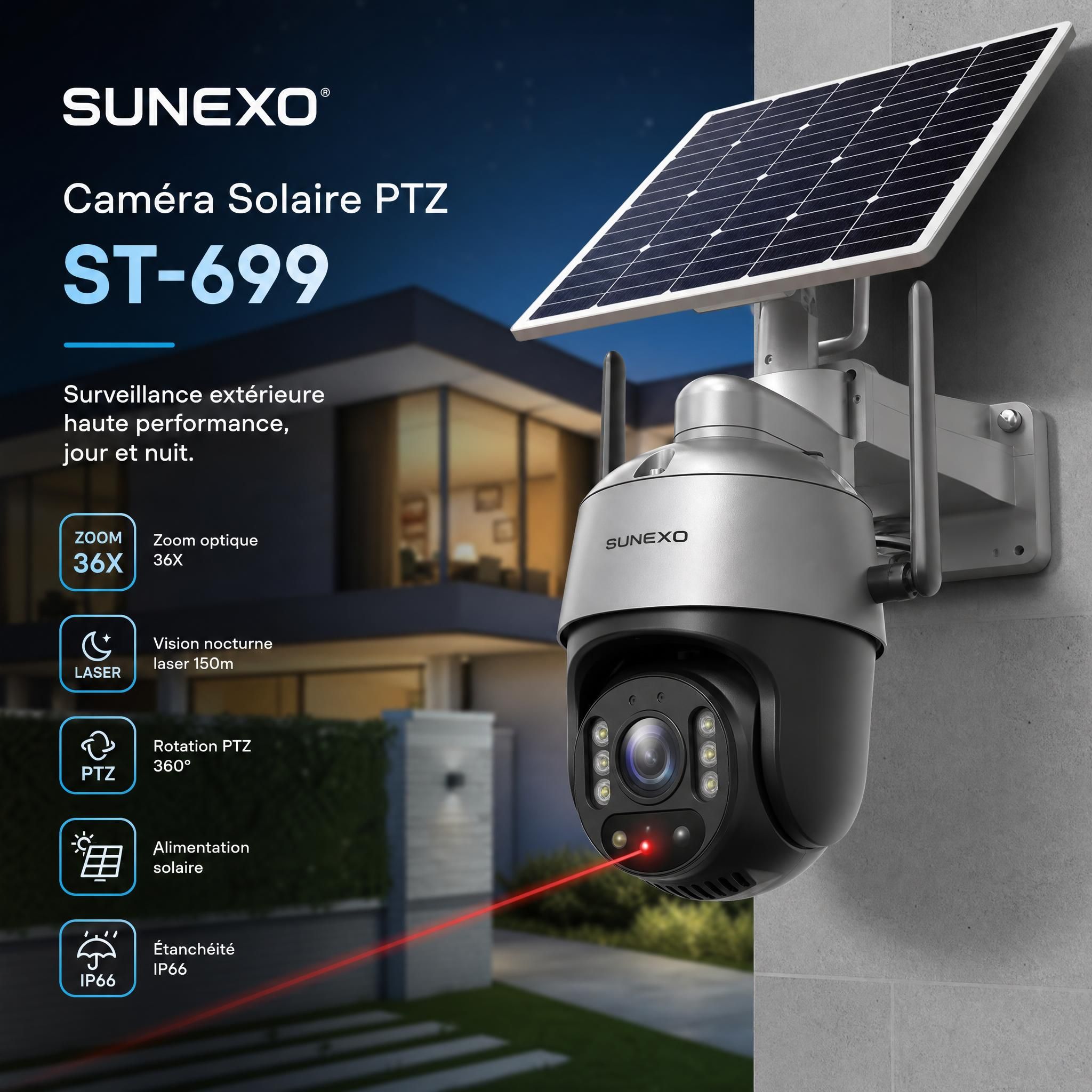Caméra solaire PTZ Sunexo ST-699 zoom 36X vision nocturne laser 150m installée en extérieur sur façade