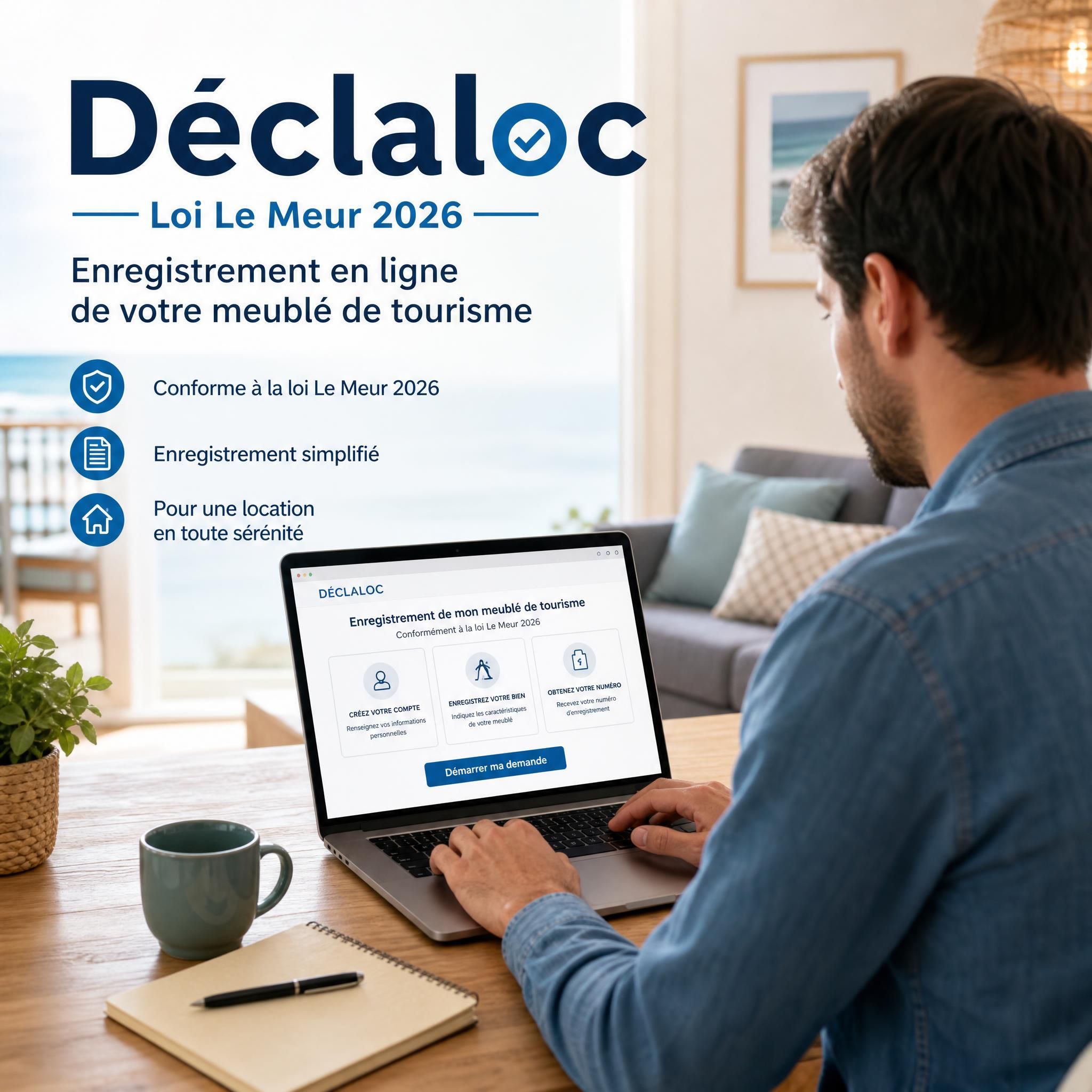 Propriétaire de meublé de tourisme consultant son ordinateur pour l'enregistrement en ligne sur le portail Déclaloc - loi Le Meur 2026