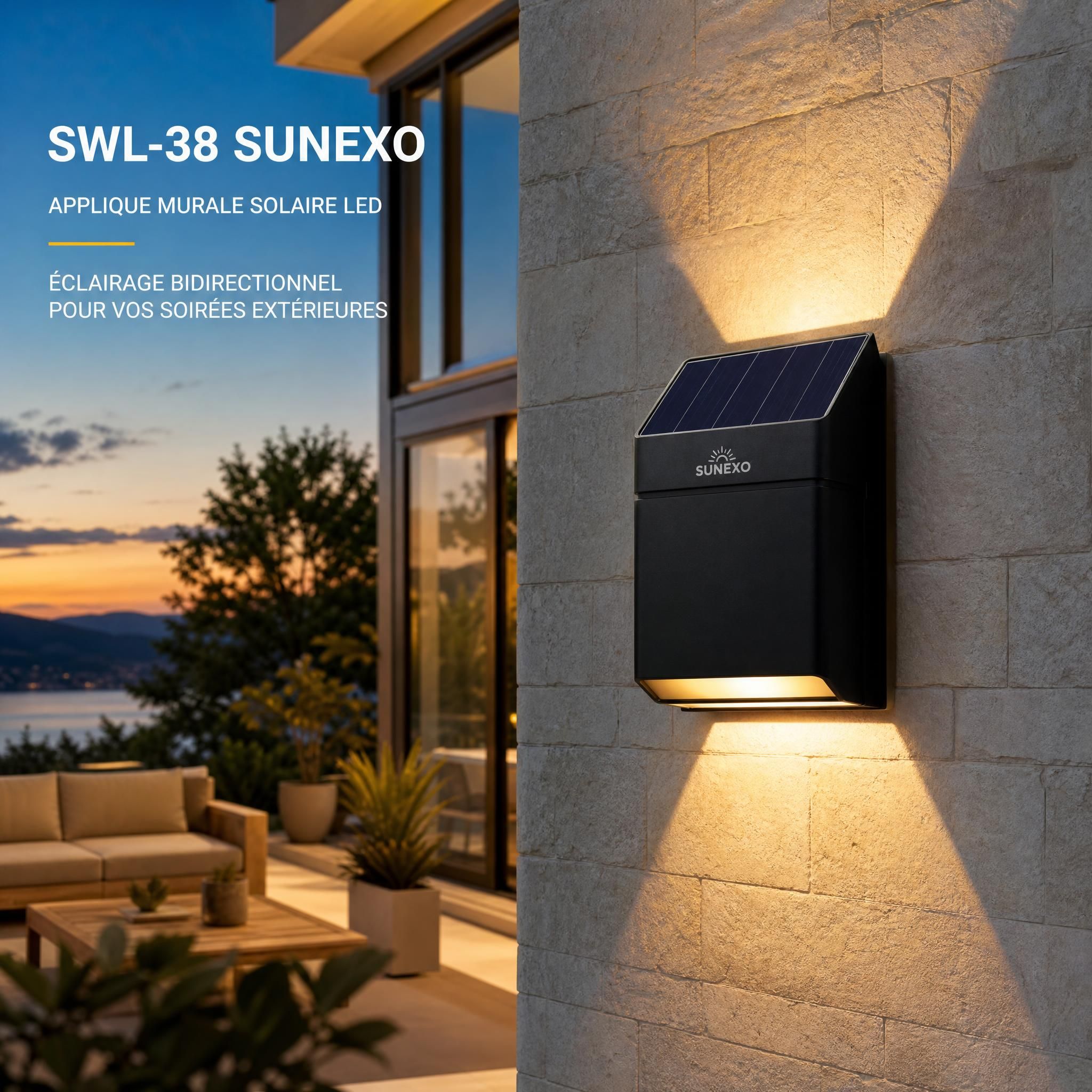 Applique murale solaire SWL-38 Sunexo installée sur un mur de terrasse en pierre, éclairage LED bidirectionnel ambiance soirée extérieure