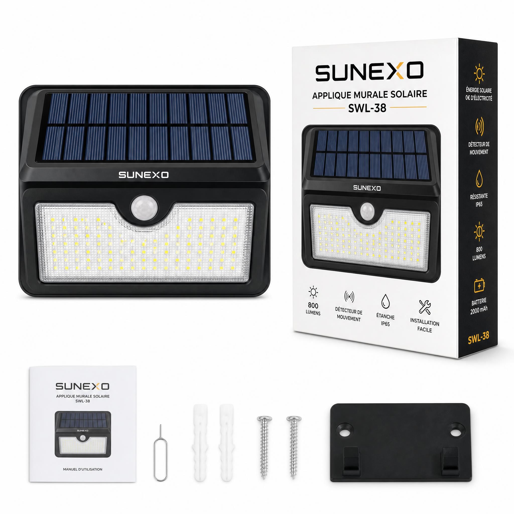 Applique murale solaire SWL-38 Sunexo vue de face sur fond blanc, packaging produit et contenu du pack visible