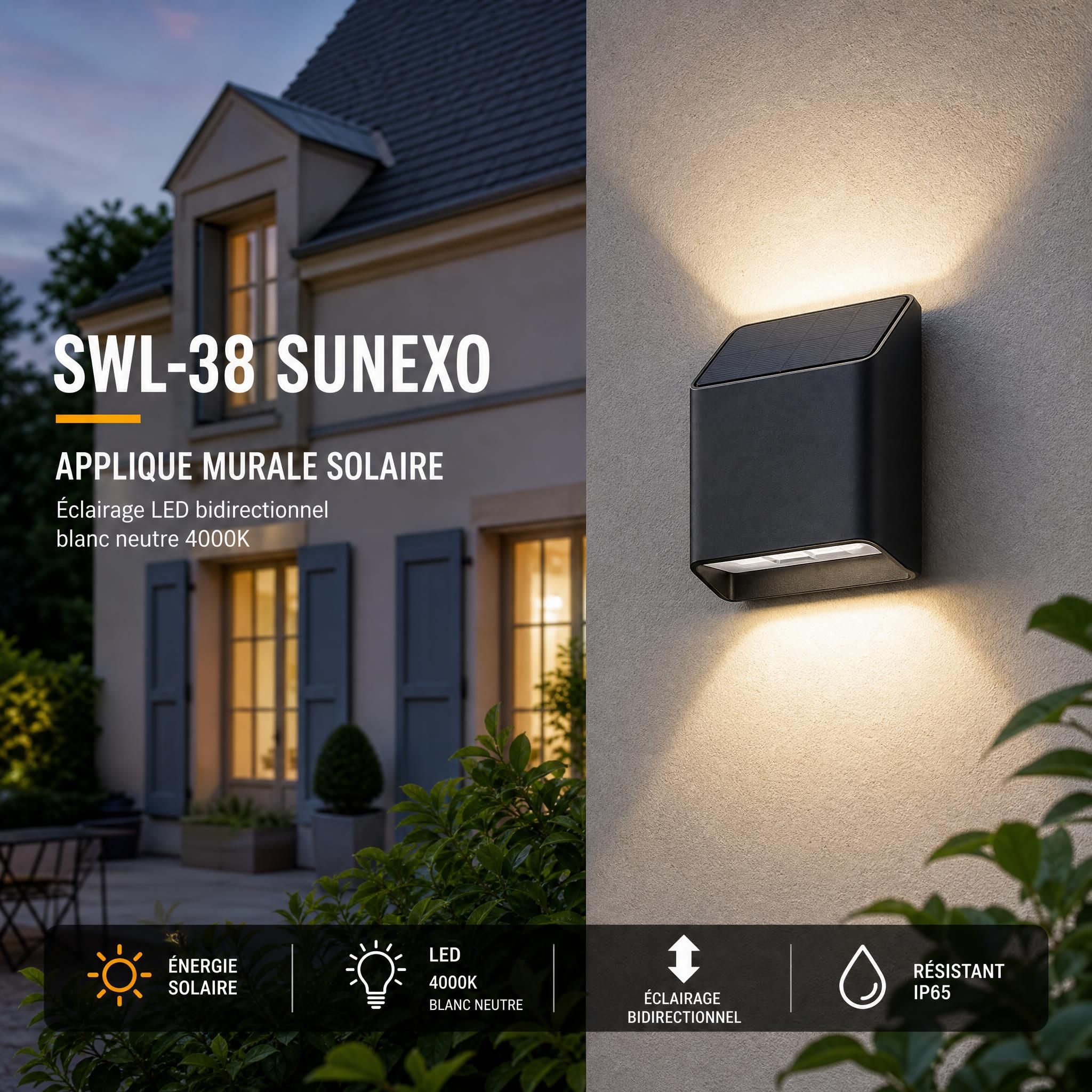 Applique murale solaire SWL-38 Sunexo installée sur une façade de maison française, éclairage LED bidirectionnel blanc neutre 4000K