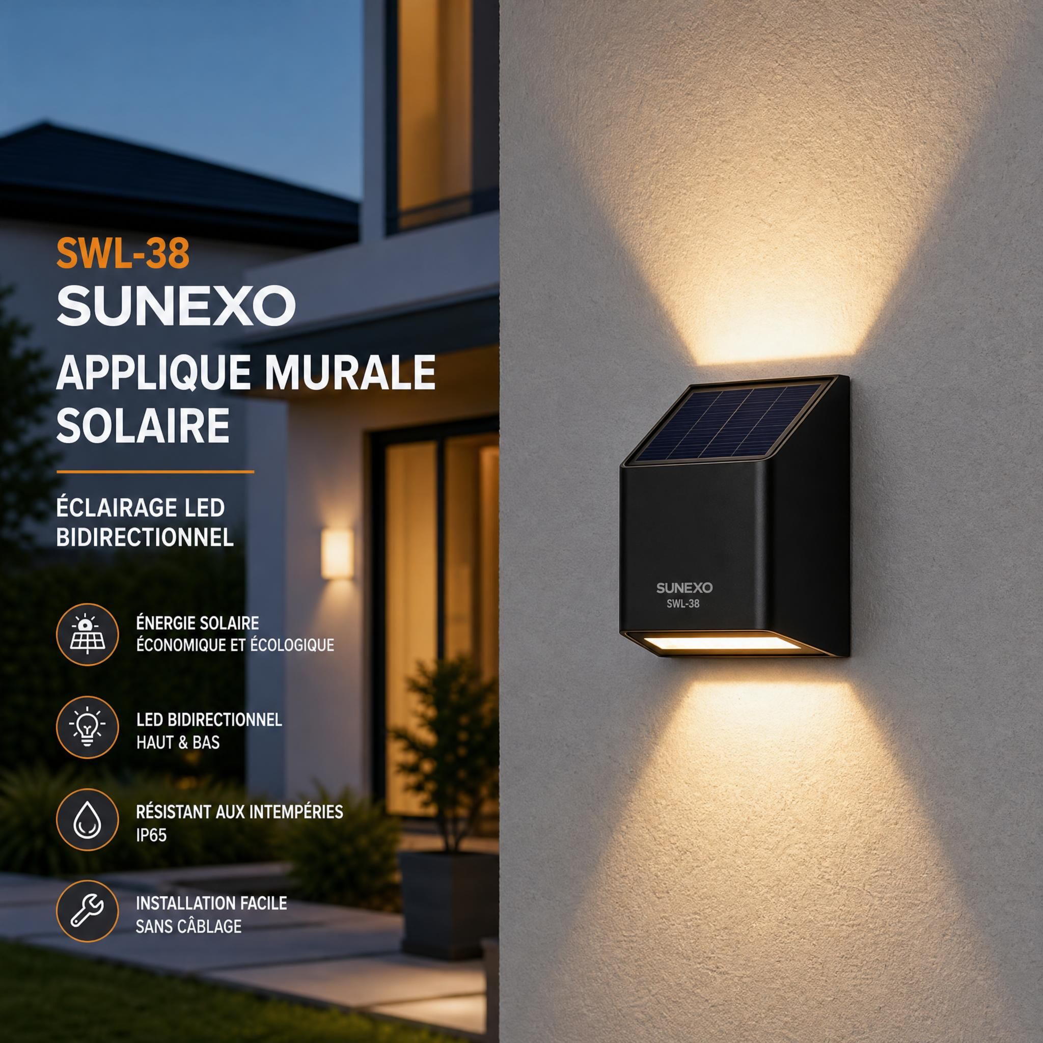 Applique murale solaire SWL-38 Sunexo installée sur façade extérieure de maison - éclairage LED bidirectionnel