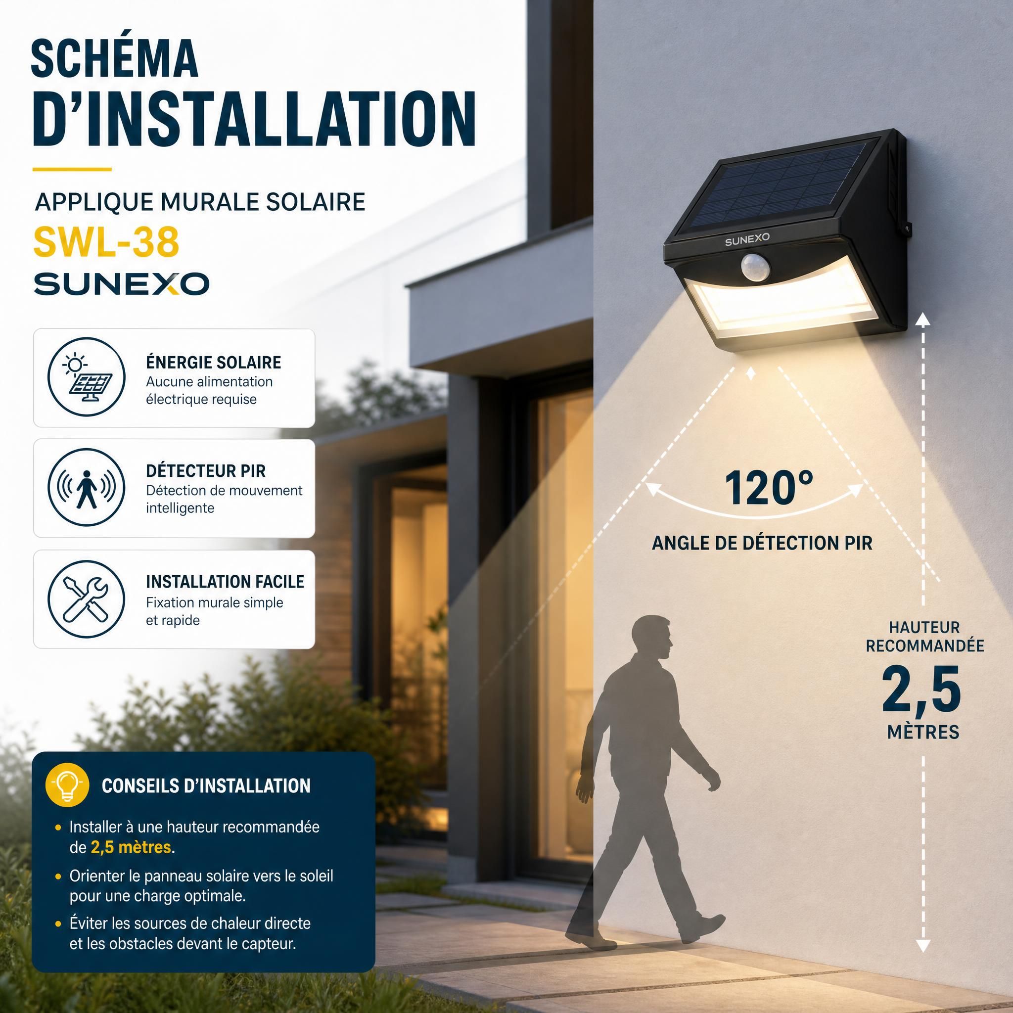 Schéma d'installation applique murale solaire SWL-38 Sunexo avec indication hauteur 2,5 mètres et angle de détection PIR 120°