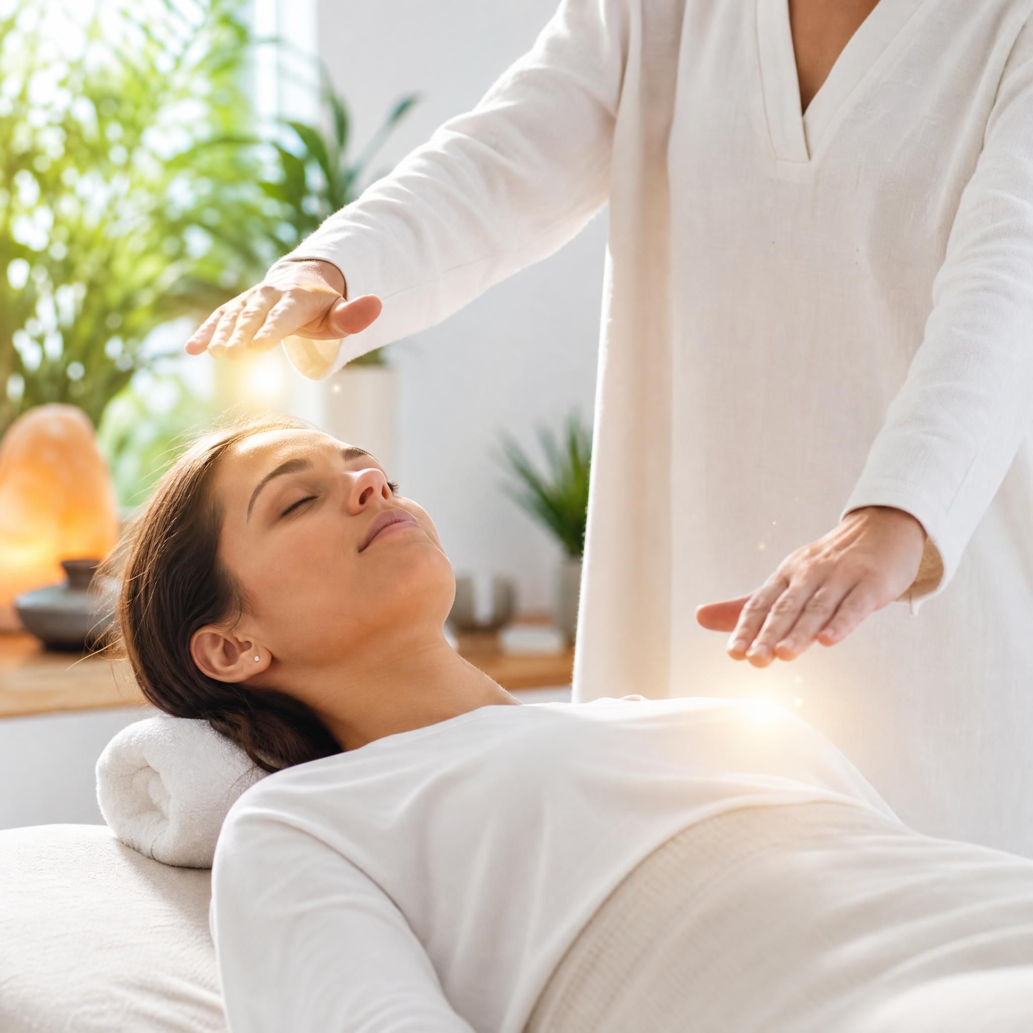 Femme allongée en état de relaxation profonde pendant un soin énergétique de magnétisme, ambiance lumineuse et sereine