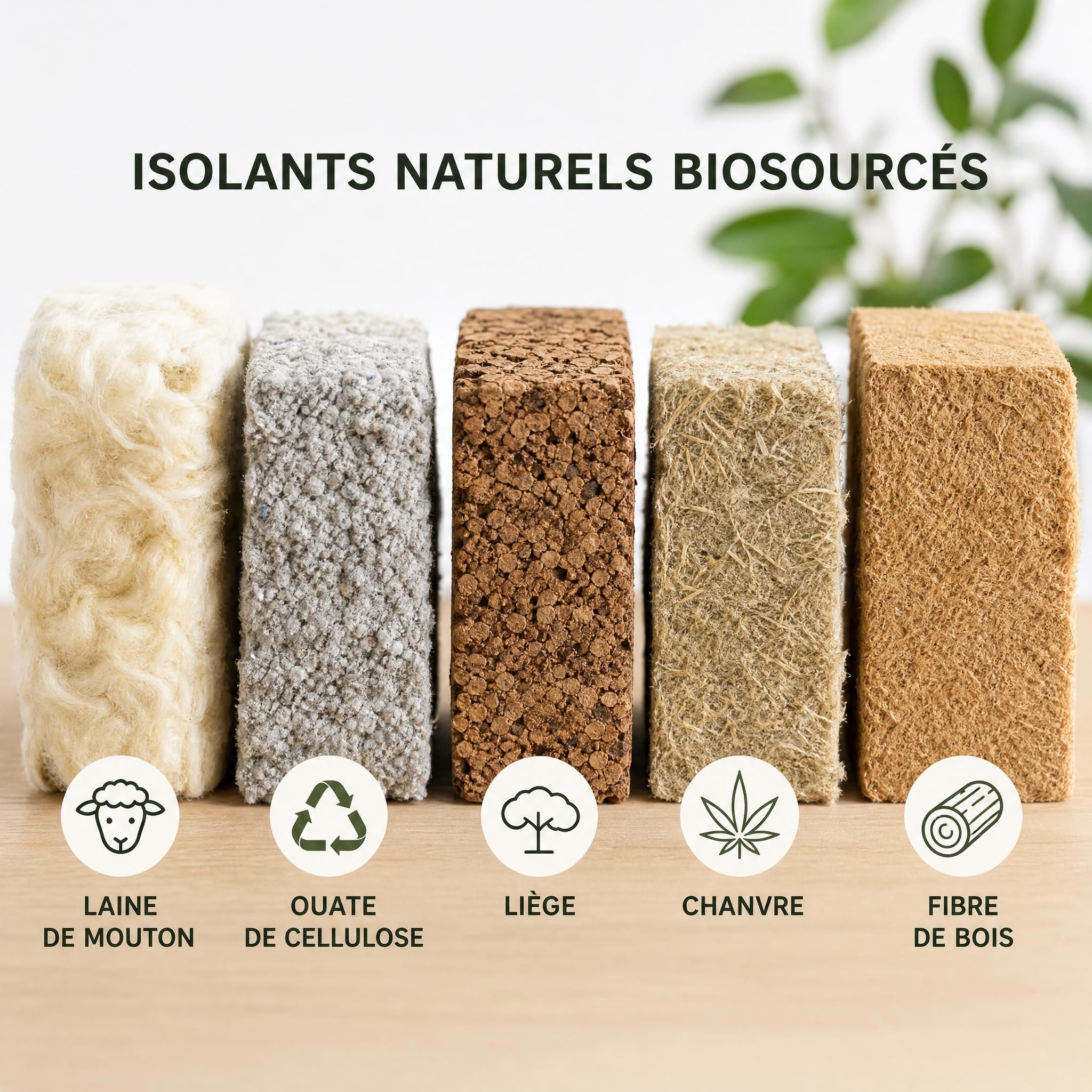 Échantillons des différents matériaux isolants naturels biosourcés côte à côte : laine de mouton, ouate de cellulose, liège, chanvre, fibre de bois