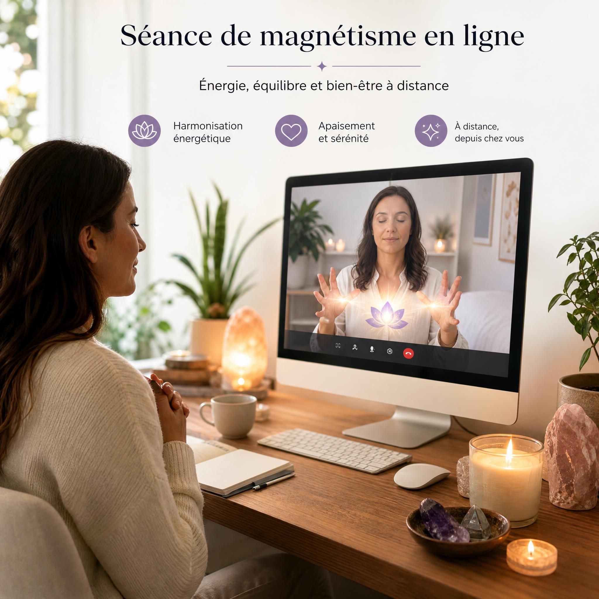 Interface d'une séance de magnétisme en ligne, personne sereine devant son écran dans un espace cosy et lumineux, bougies et cristaux visibles