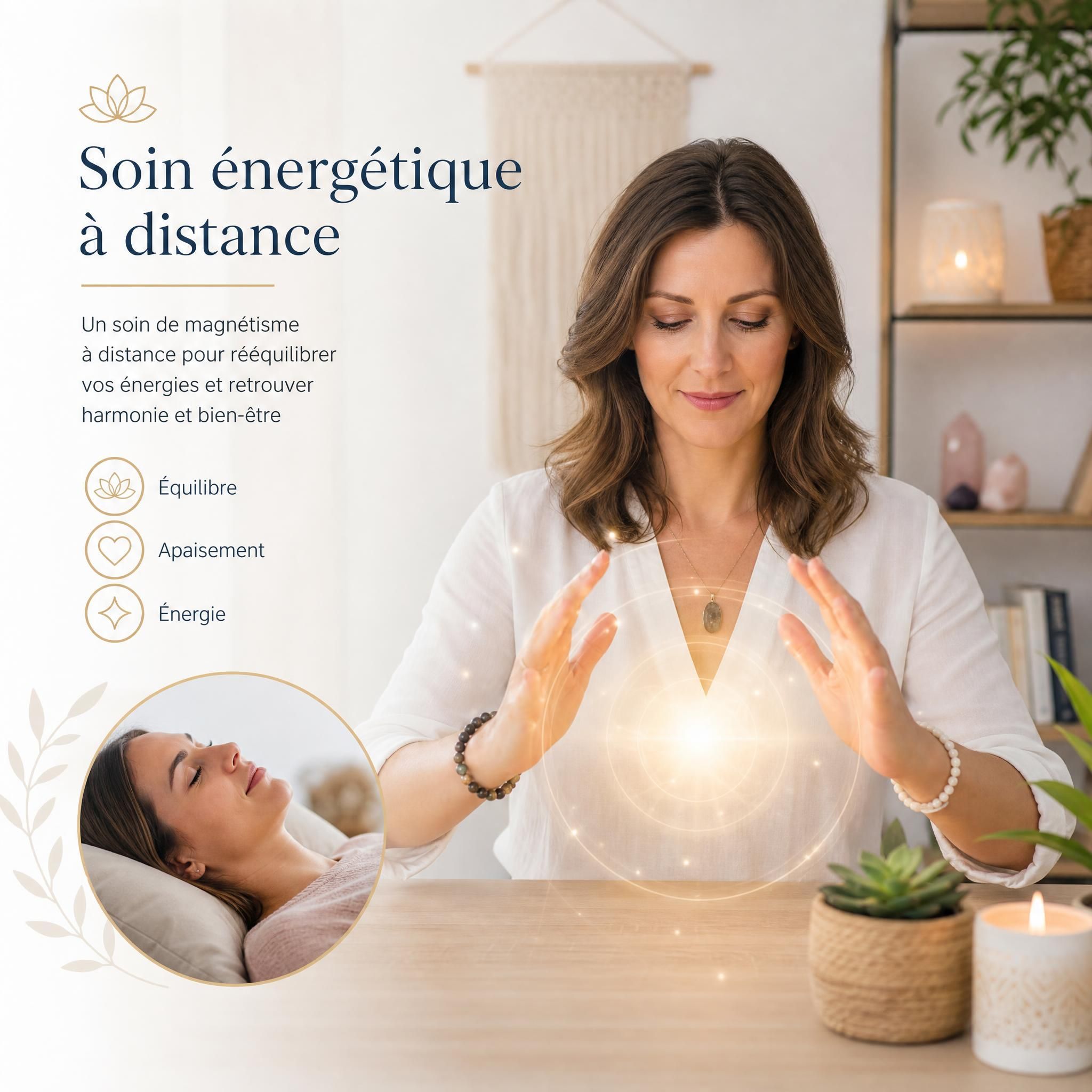 Praticienne de magnétisme réalisant un soin énergétique à distance, mains ouvertes, lumière douce et apaisante