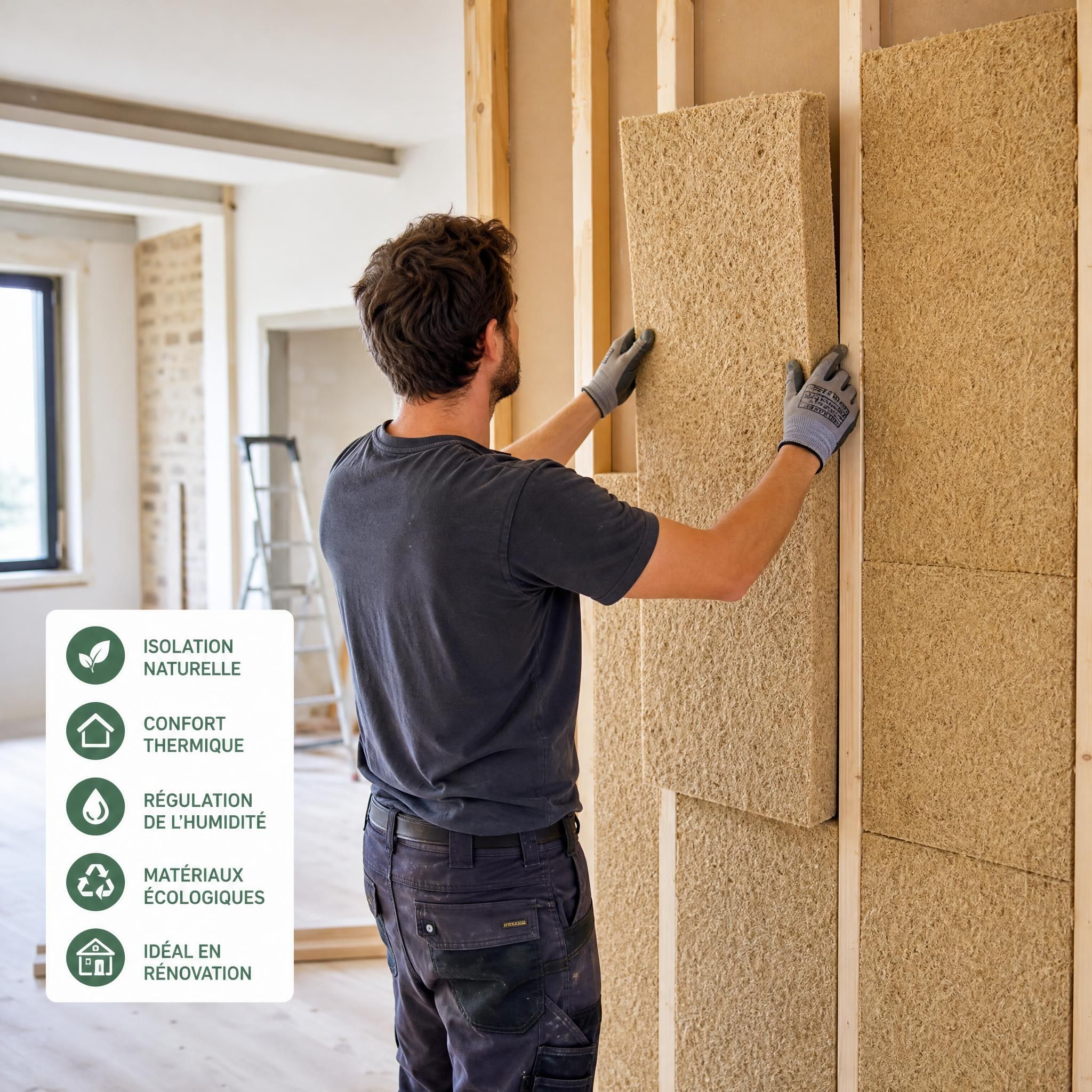 Pose de panneaux de chanvre et fibre de bois dans une cloison lors d'une rénovation intérieure