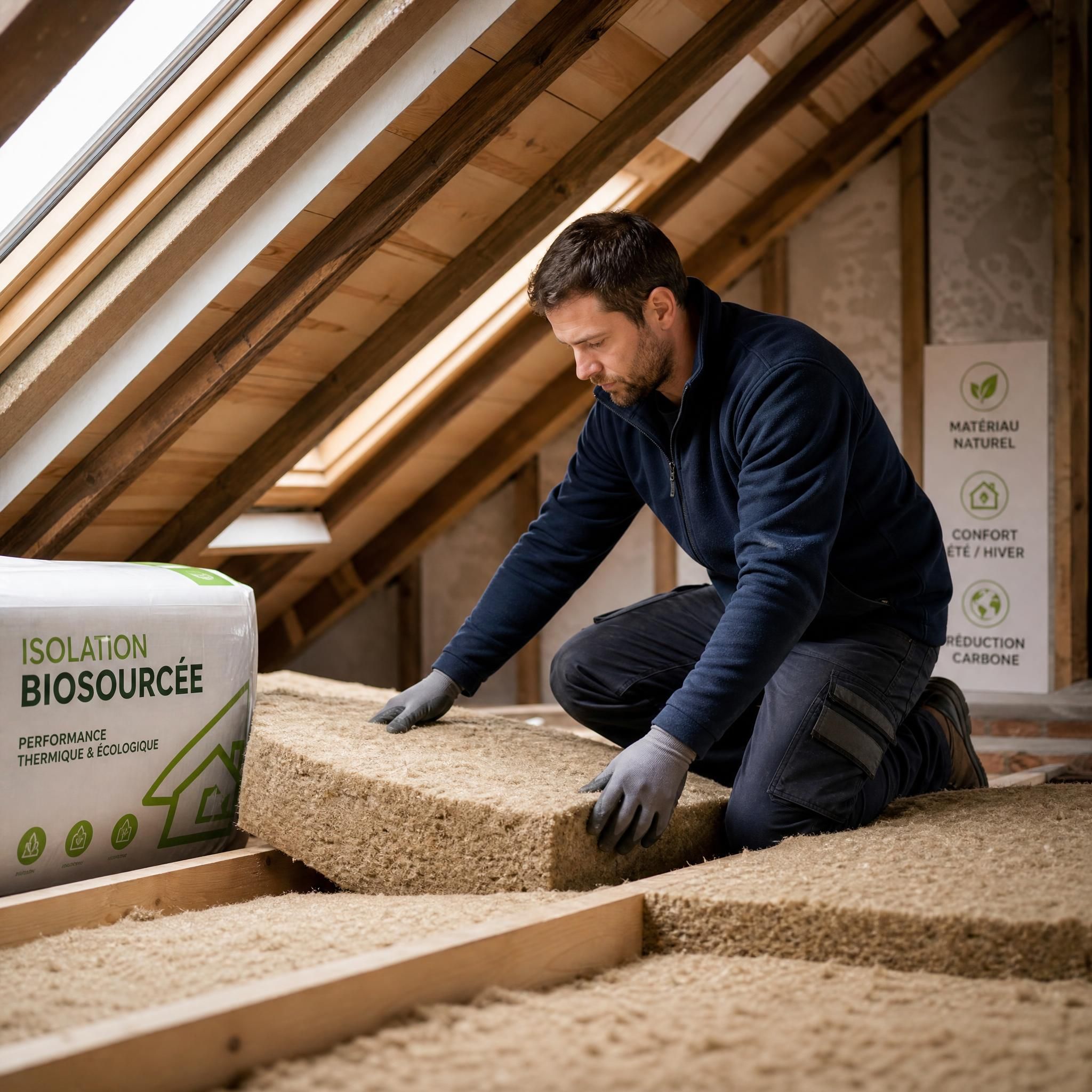 Artisan professionnel posant de l'isolation biosourcée dans des combles lors d'une rénovation