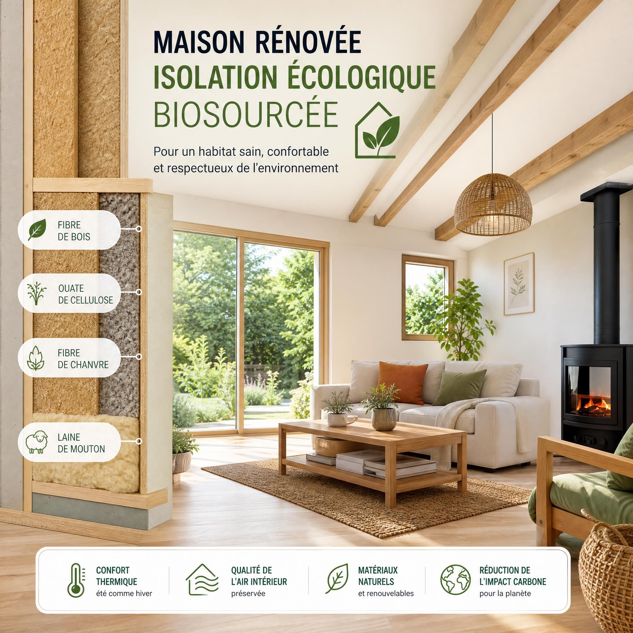 Maison rénovée avec isolation écologique biosourcée, vue intérieure confortable et lumineuse