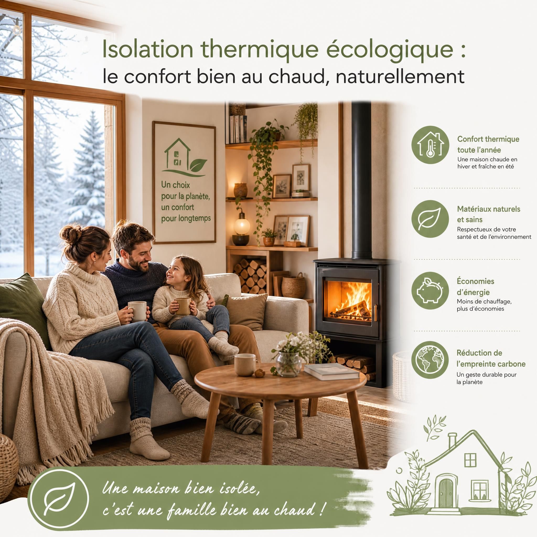 Maison confortable en hiver avec une famille, illustrant le bien-être apporté par une bonne isolation thermique écologique