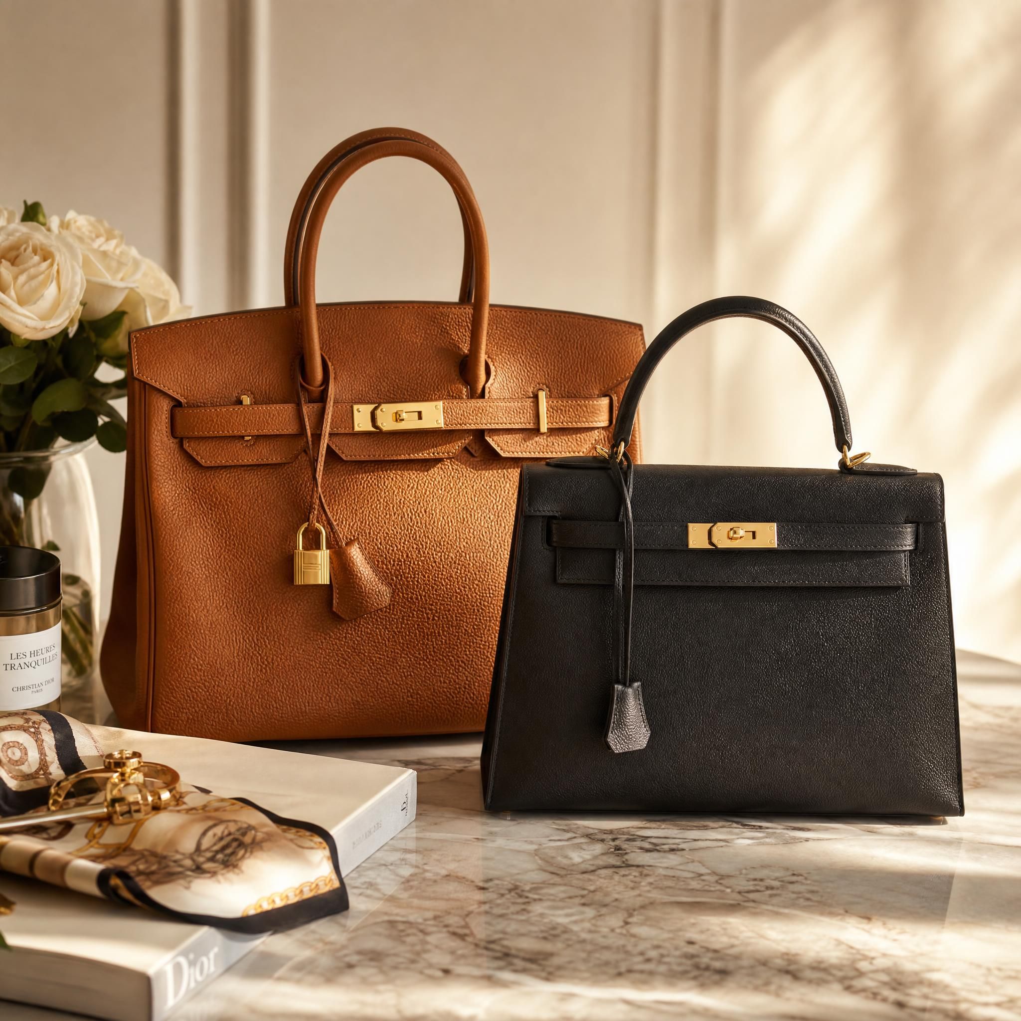 Sac Hermès Birkin et Kelly posés sur une surface en marbre élégante, lumière naturelle dorée, maroquinerie de luxe d'occasion authentique