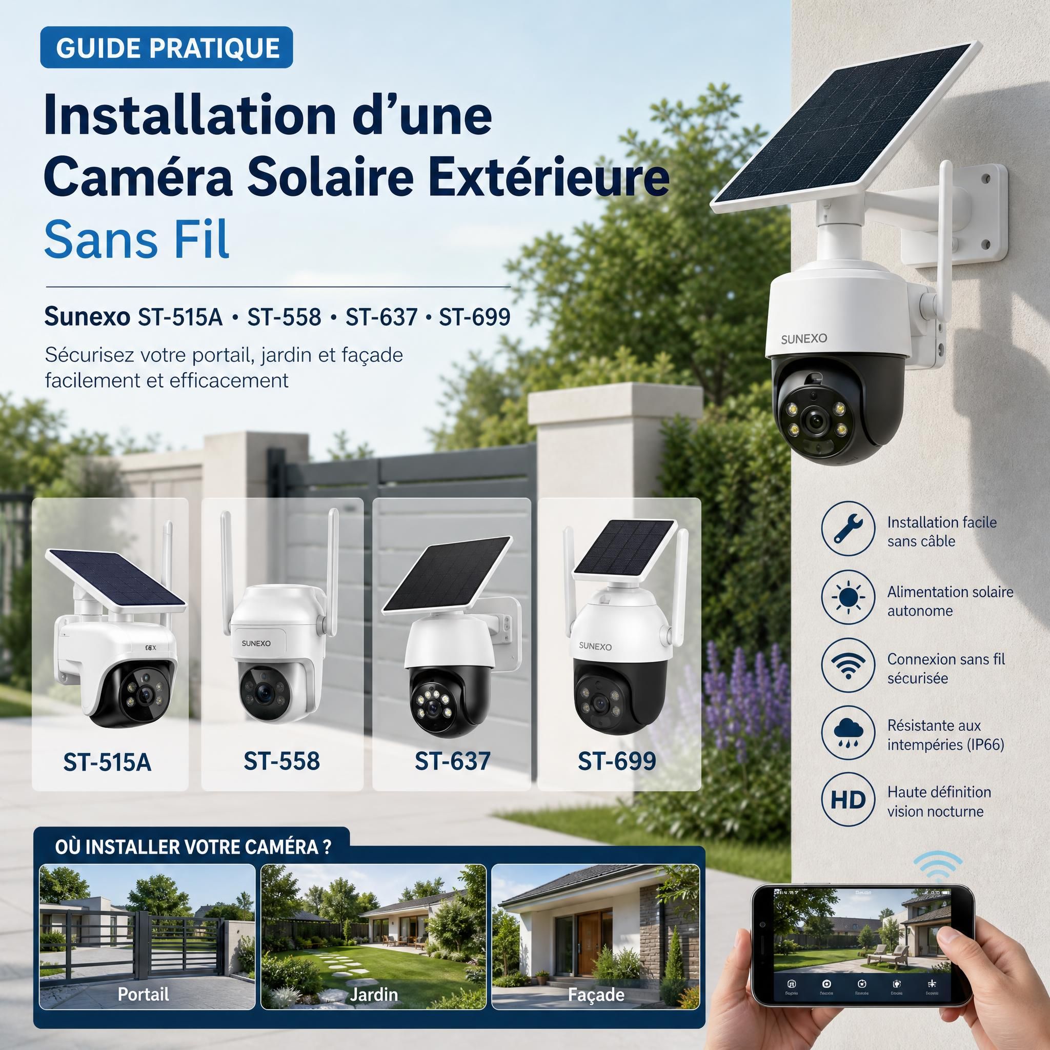 Guide pratique installation caméra solaire extérieure sans fil, modèles Sunexo ST-515A ST-558 ST-637 ST-699 portail jardin façade