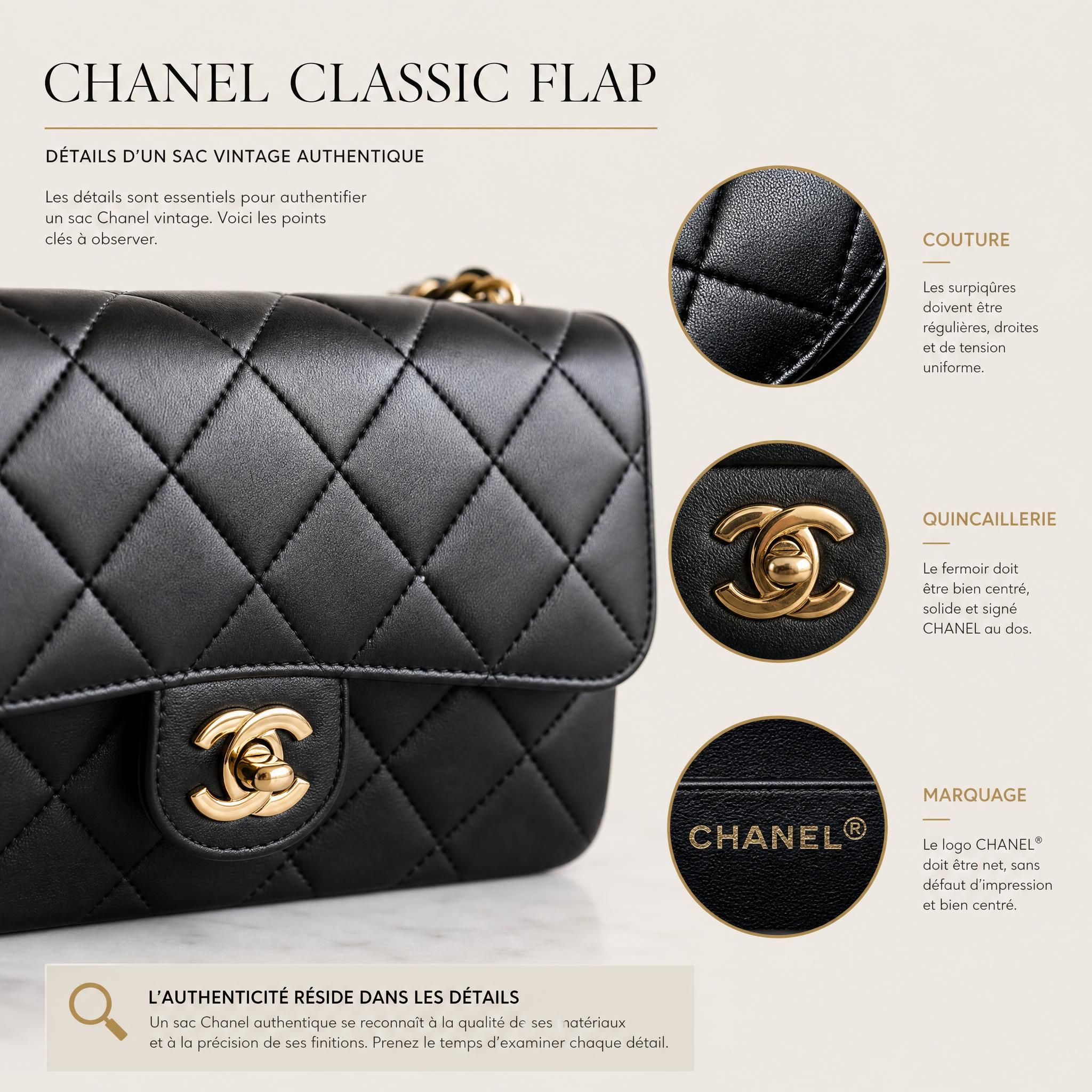 Détail de la couture et du cuir d'un sac Chanel Classic Flap vintage authentique, authentification luxe seconde main