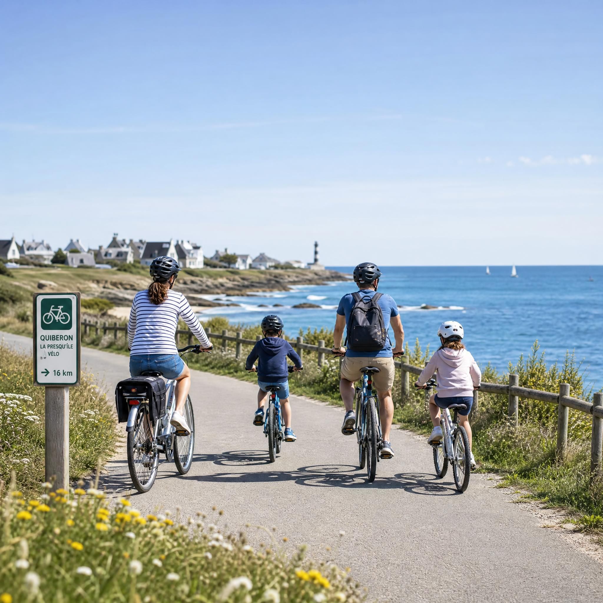 Famille à vélo sur les pistes cyclables de la presqu'île de Quiberon, mobilité douce en bord de mer