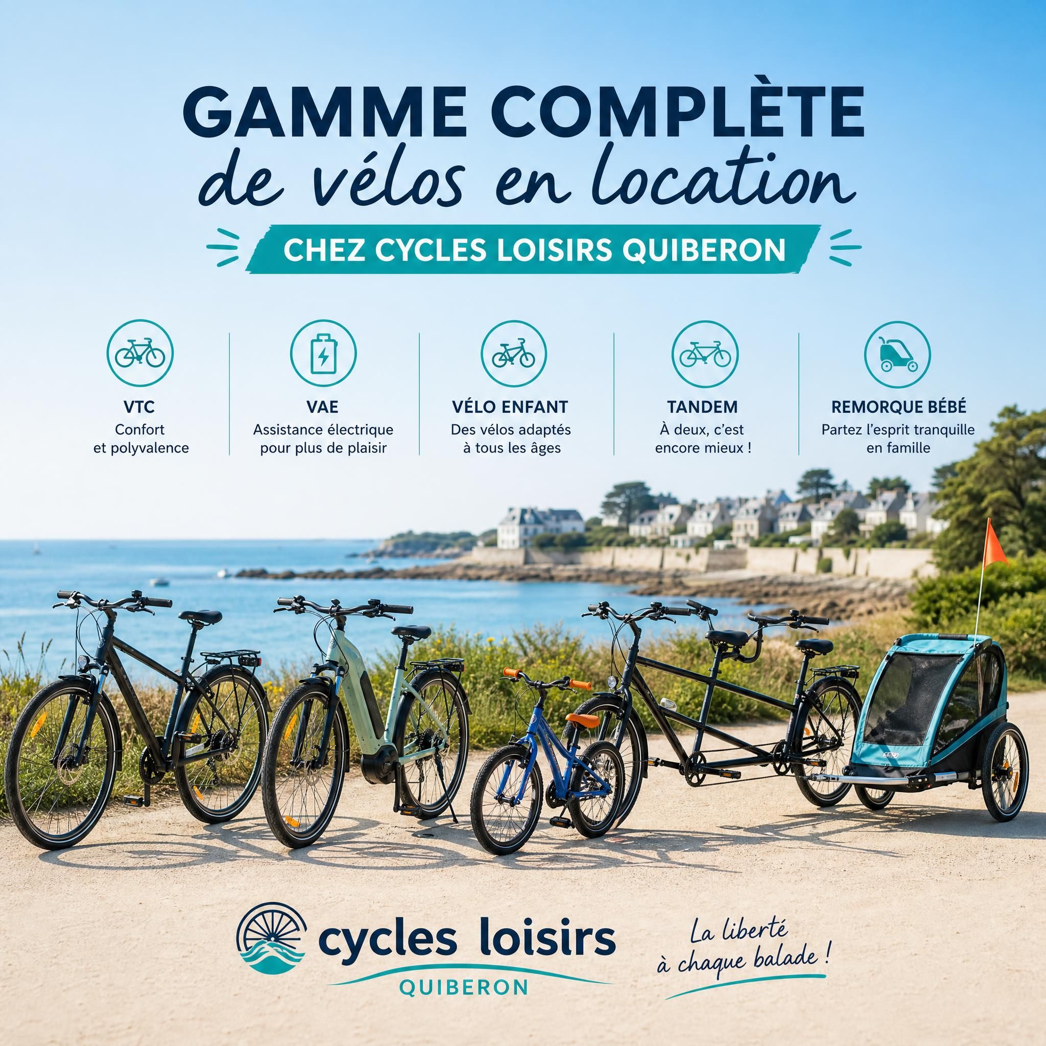 Gamme complète de vélos en location chez Cycles Loisirs Quiberon — VTC, VAE, vélo enfant, tandem et remorque bébé