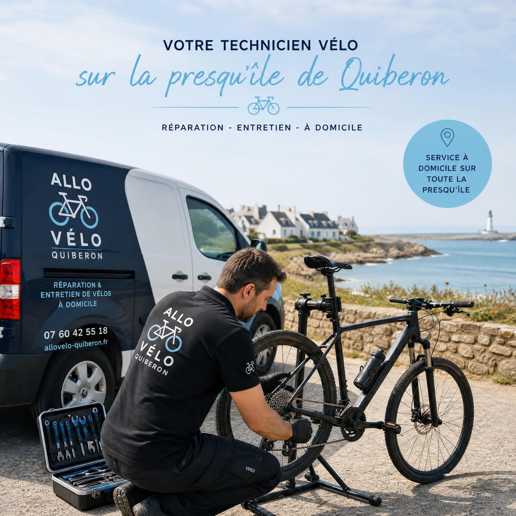 Technicien Allo Vélo Quiberon en intervention sur la presqu'île, réparation vélo à domicile bord de mer