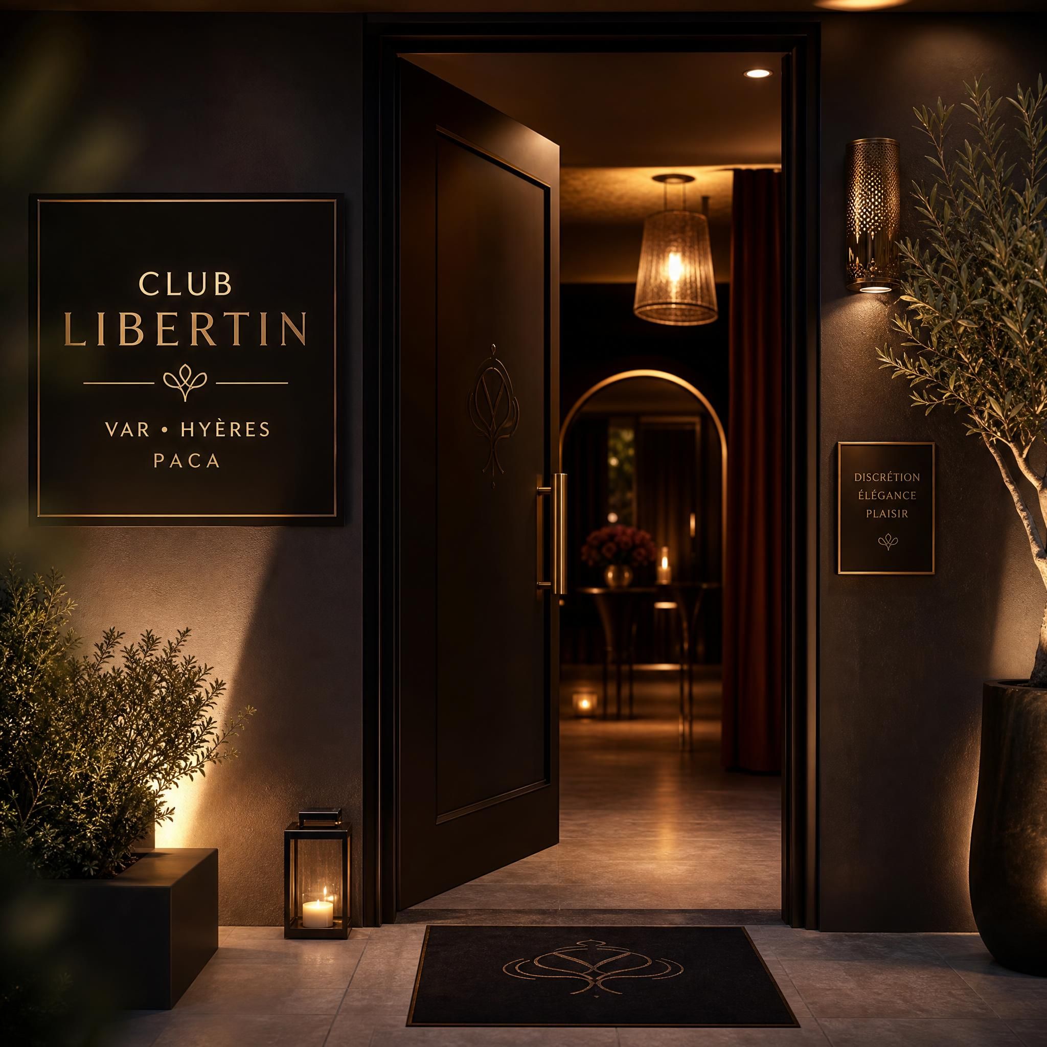 Entrée élégante d'un club libertin haut de gamme dans le Var, ambiance tamisée et raffinée, Hyères PACA