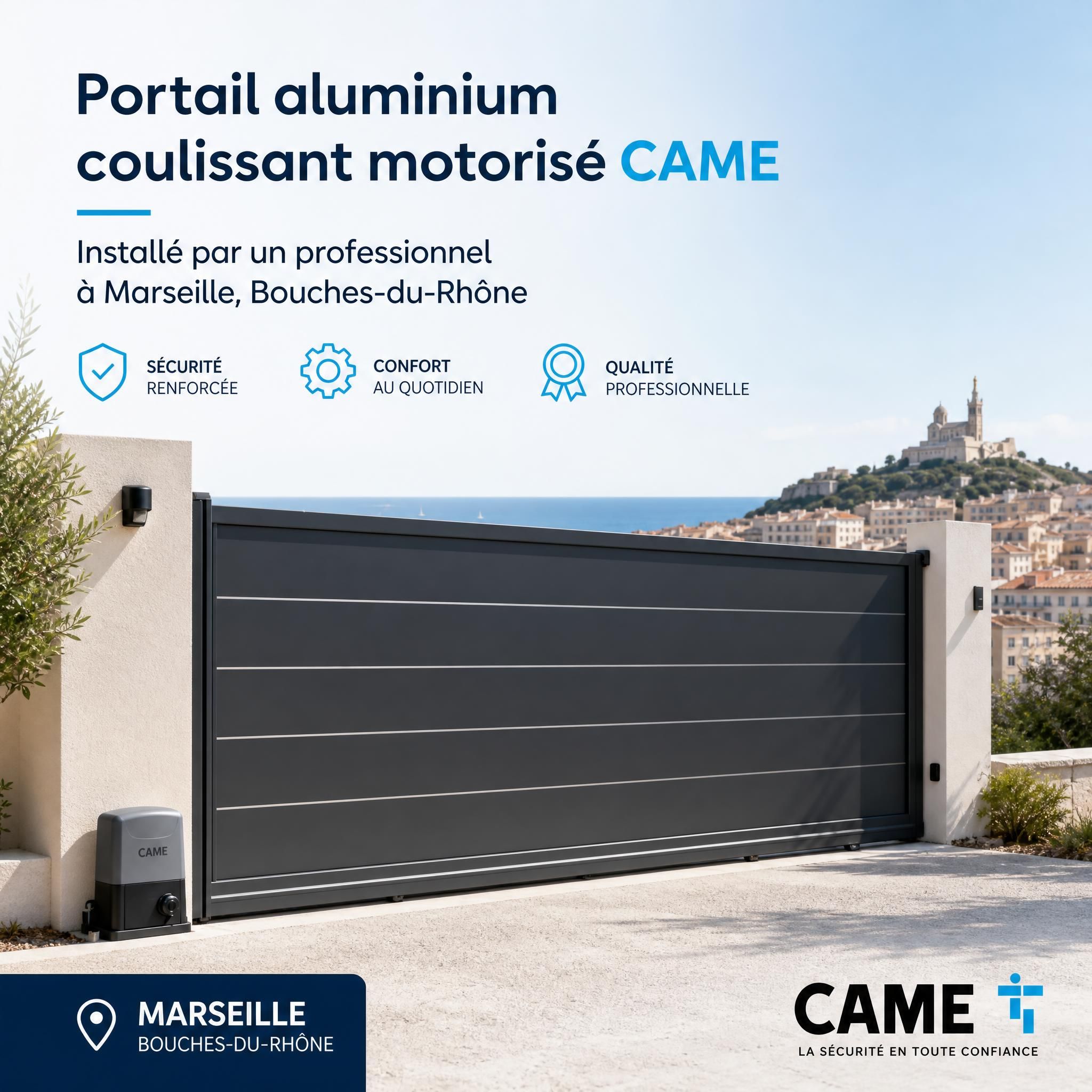 Portail aluminium coulissant motorisé CAME installé par un professionnel à Marseille, Bouches-du-Rhône