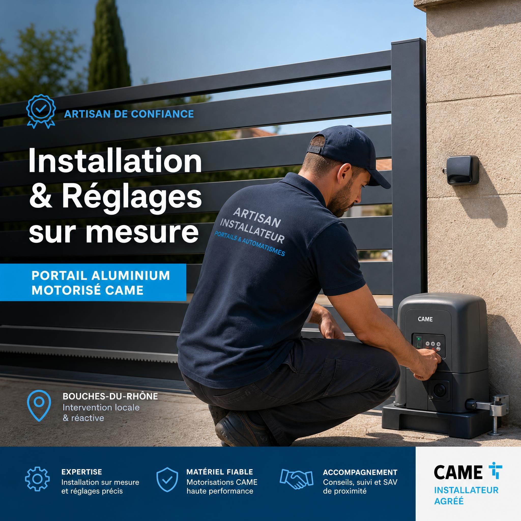 Artisan installateur portail automatique Bouches-du-Rhône réalisant les réglages finaux d'une motorisation CAME sur un portail aluminium sur mesure